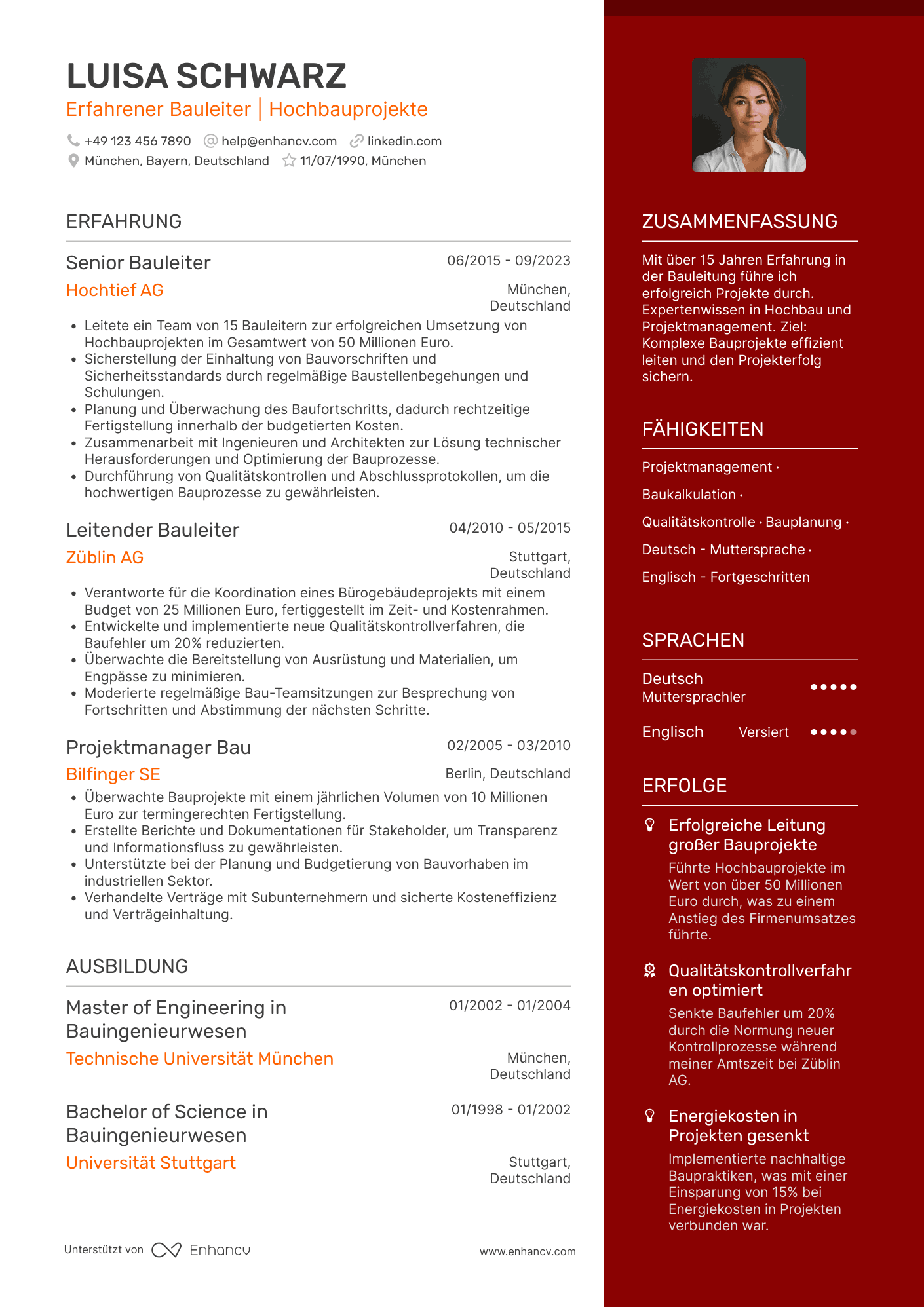 Lebenslauf als Bauleiter mit 15 Jahren Erfahrung Resume Example