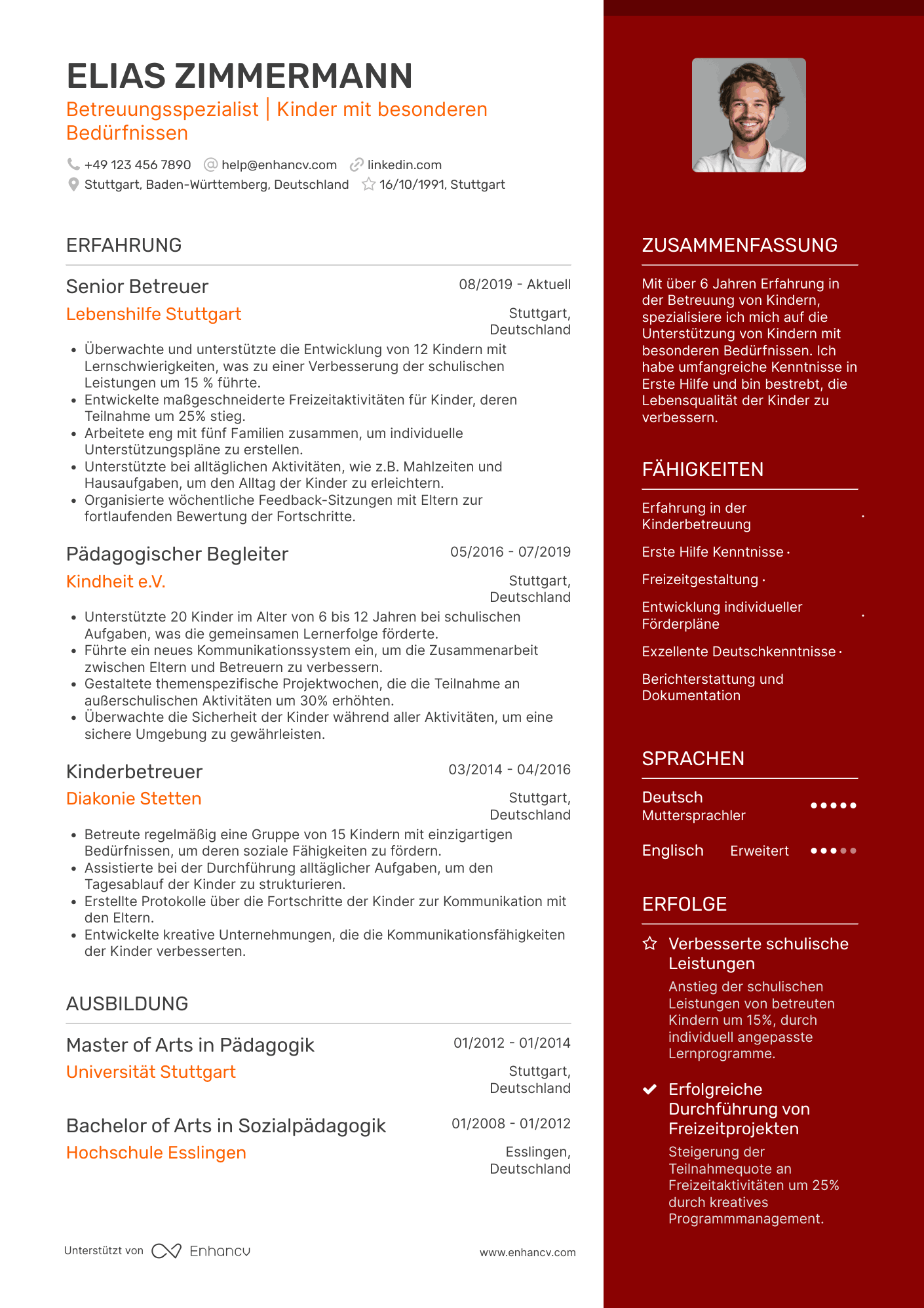 Lebenslauf als Babysitter mit Erfahrung in der Betreuung von Kindern mit besonderen Bedürfnissen Resume Example