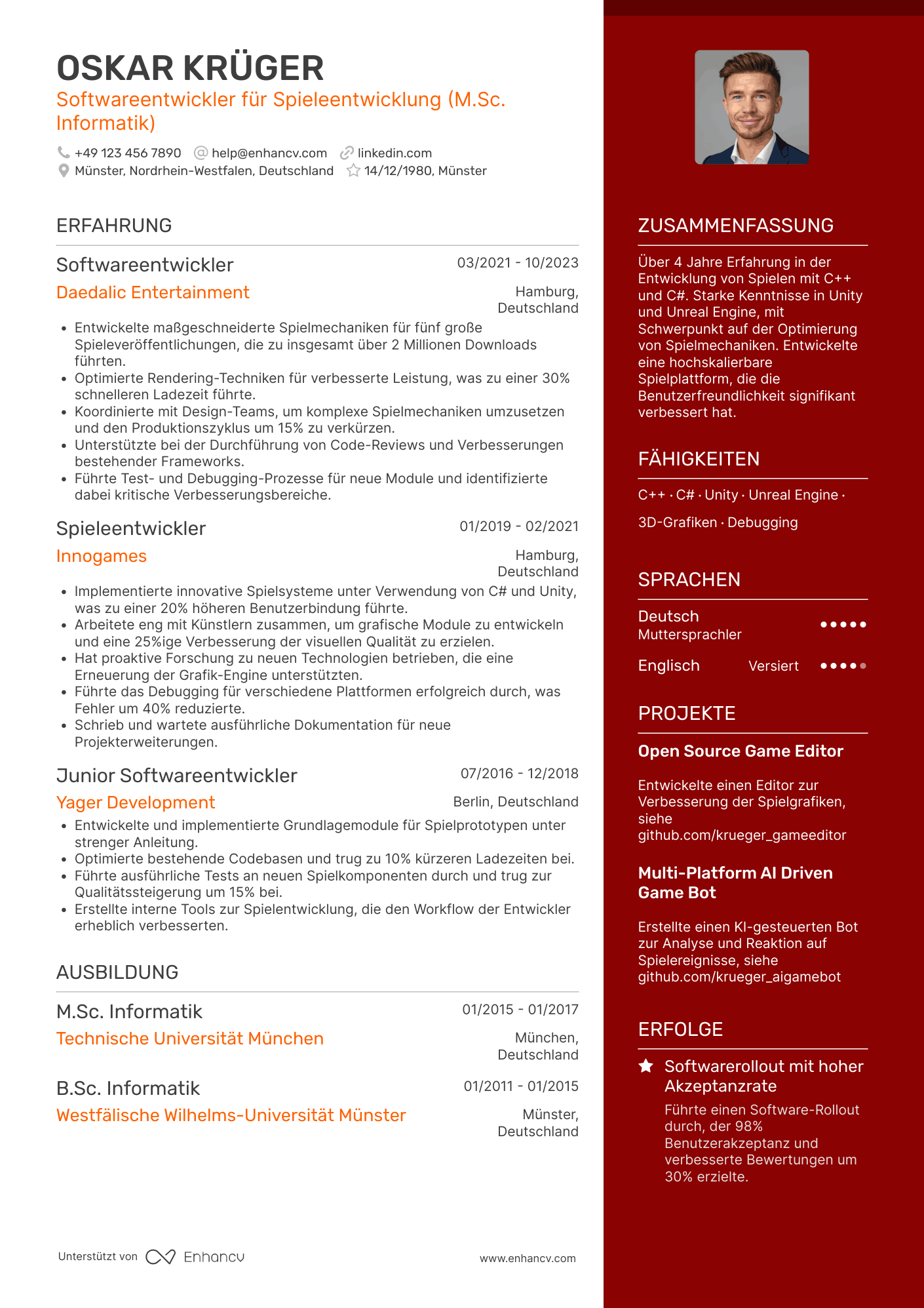 Lebenslauf in Softwareentwickler für Spieleentwicklung Resume Example