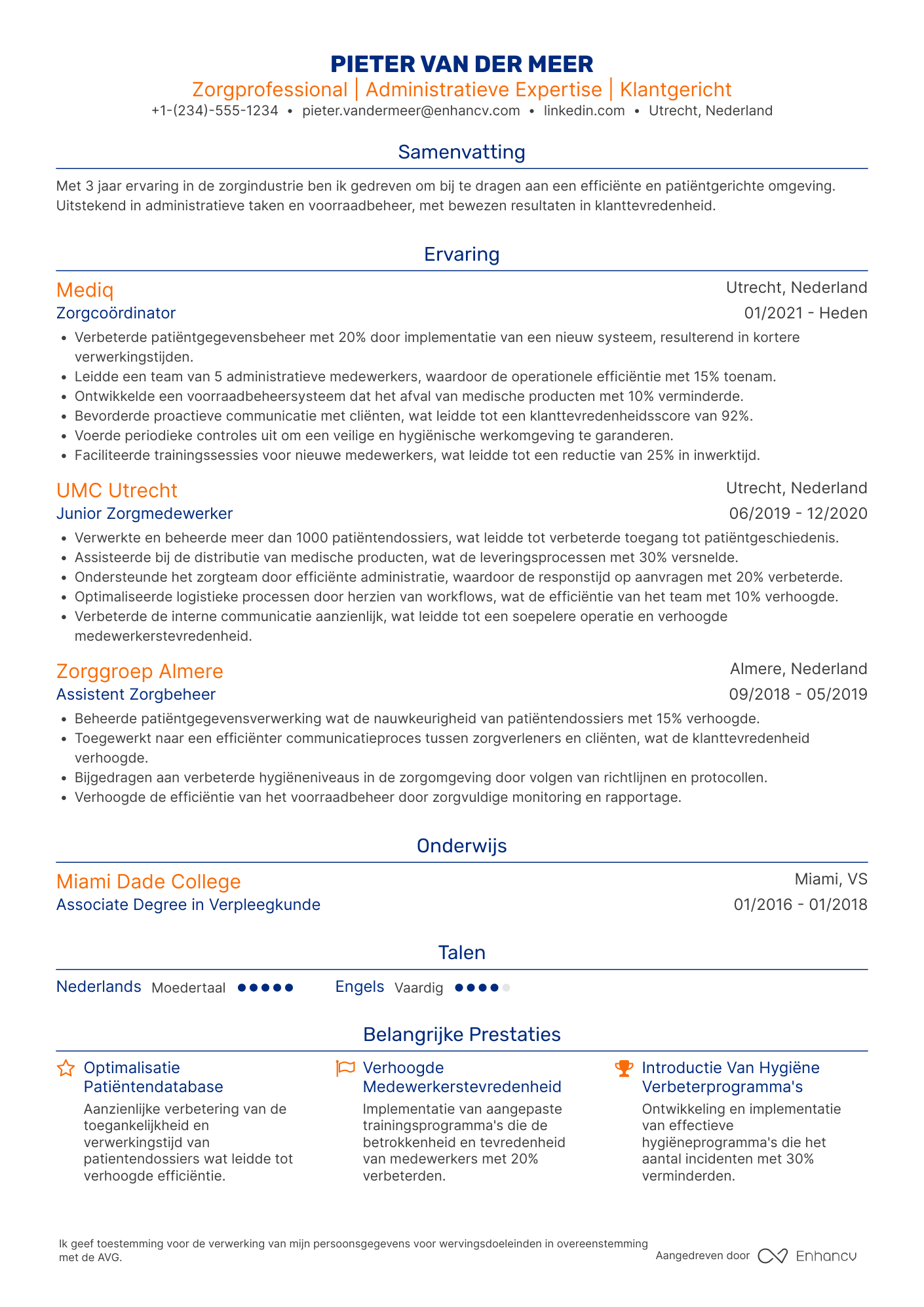 CV voor Bijbaantje zorgindustrie medewerker Resume Example