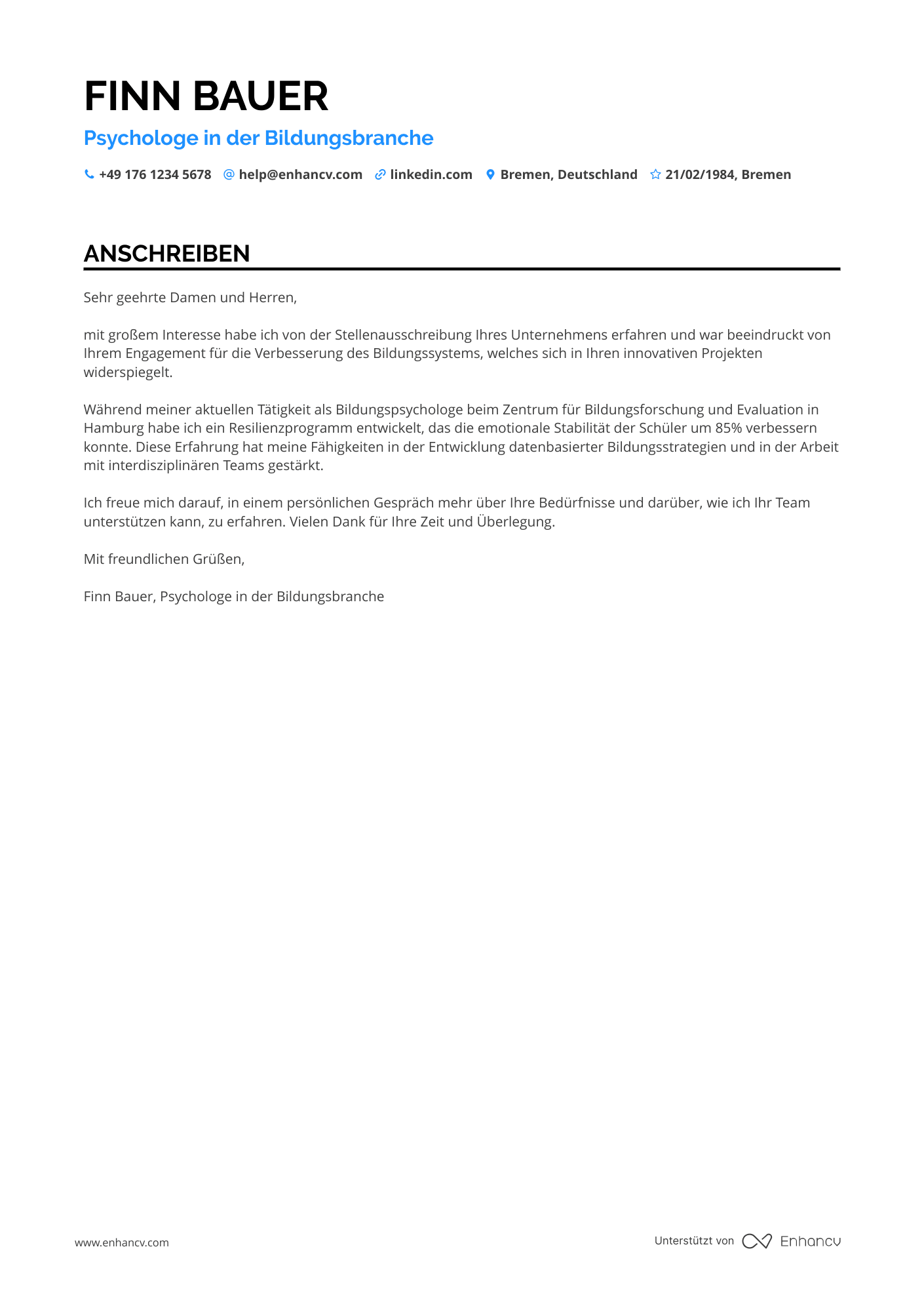 Psychologe in der Bildungsbranche Resume Example