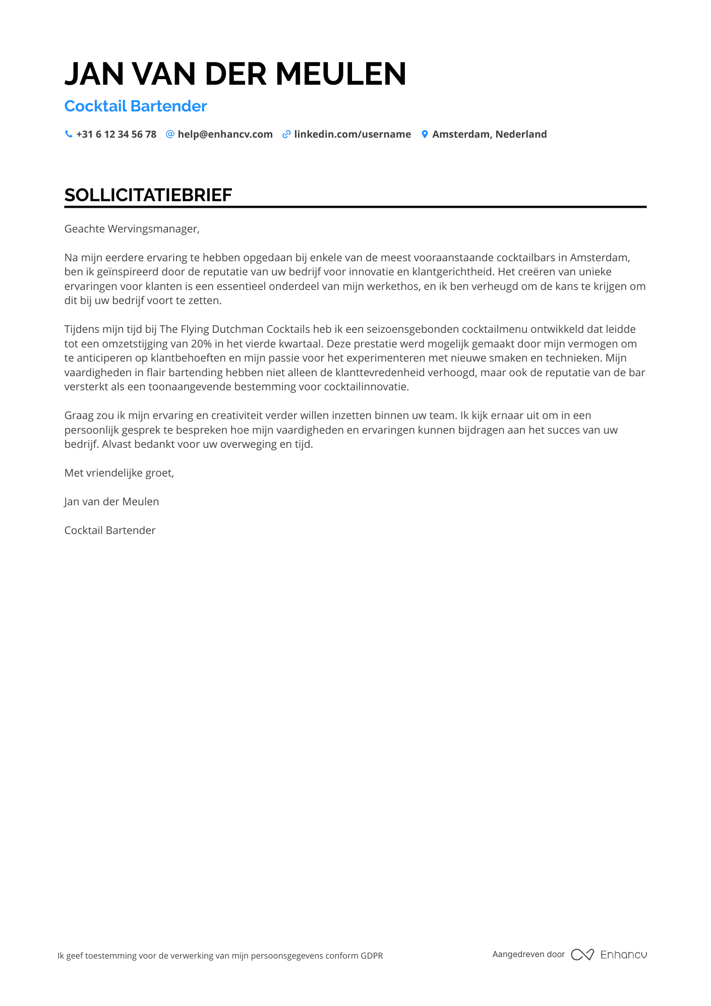 Sollicitatiebrief voor Cocktail Bartender Resume Example
