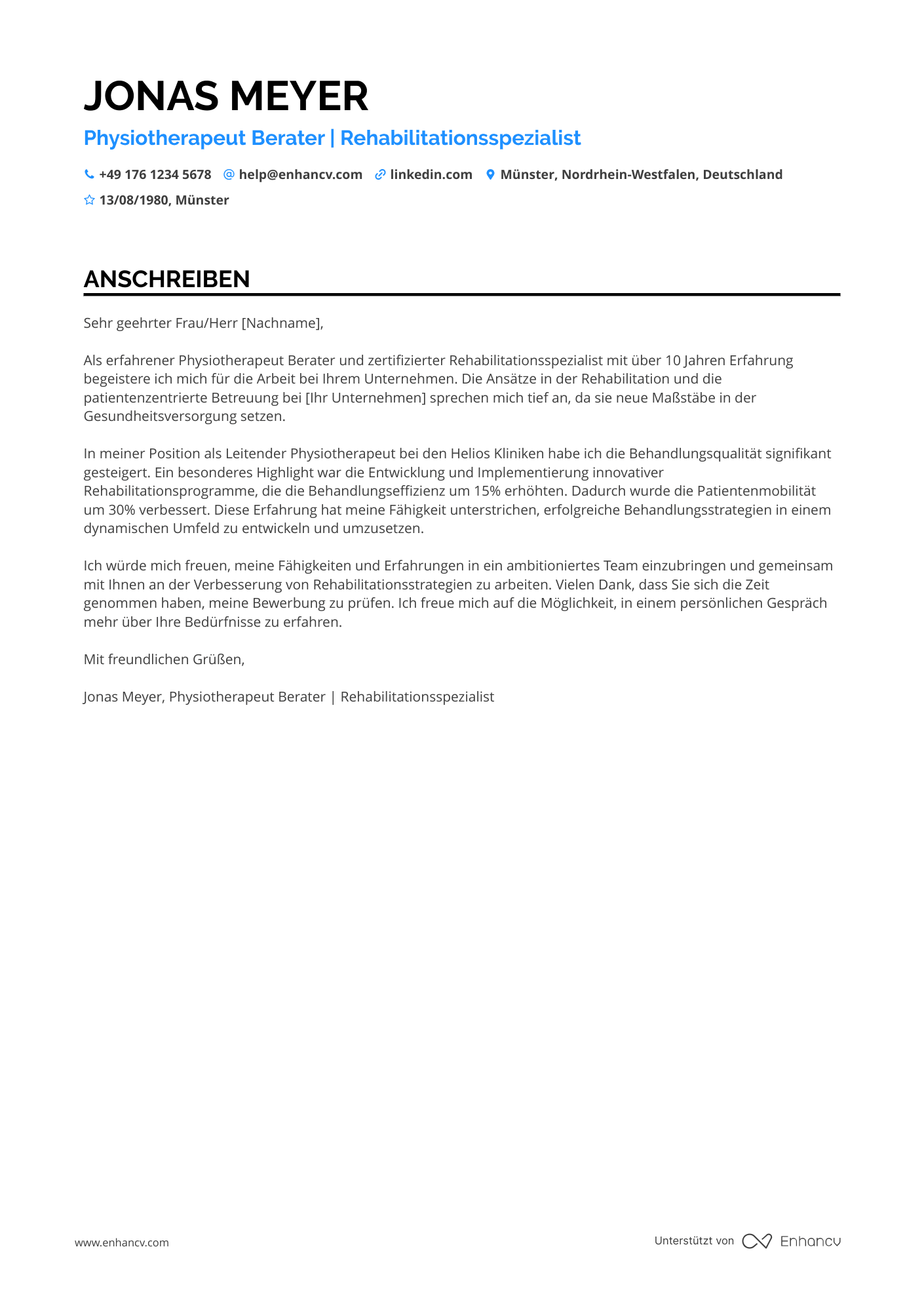 Physiotherapeut Berater Resume Example