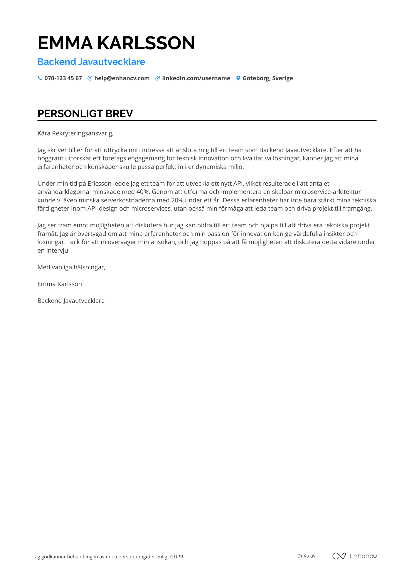 Personligt brev för Backend Javautvecklare Resume Example