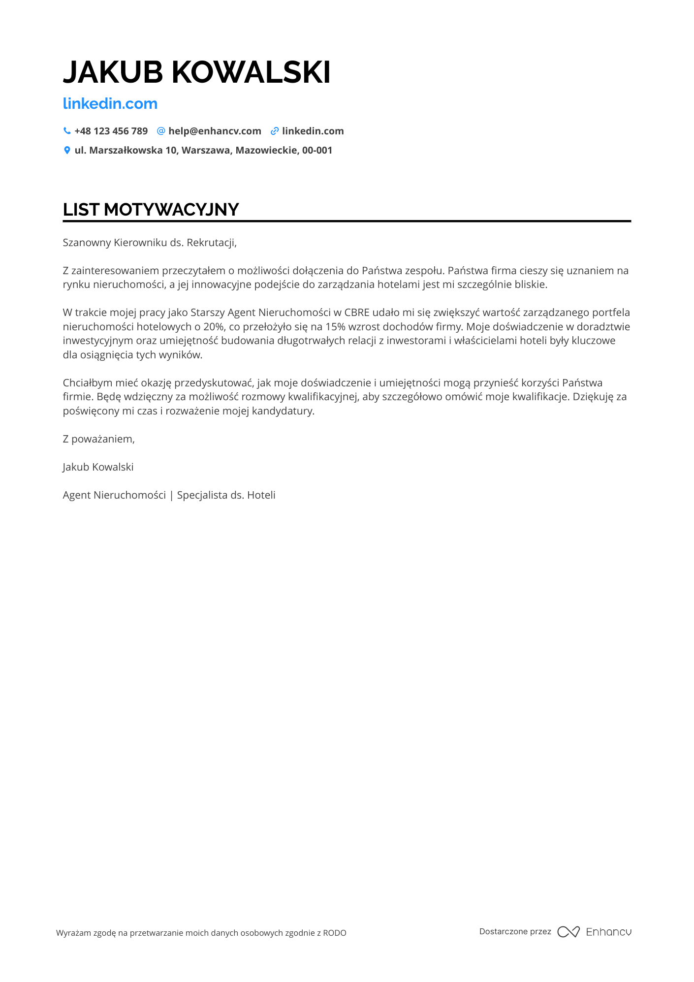 List motywacyjny dla Agent Nieruchomości dla Hoteli Resume Example