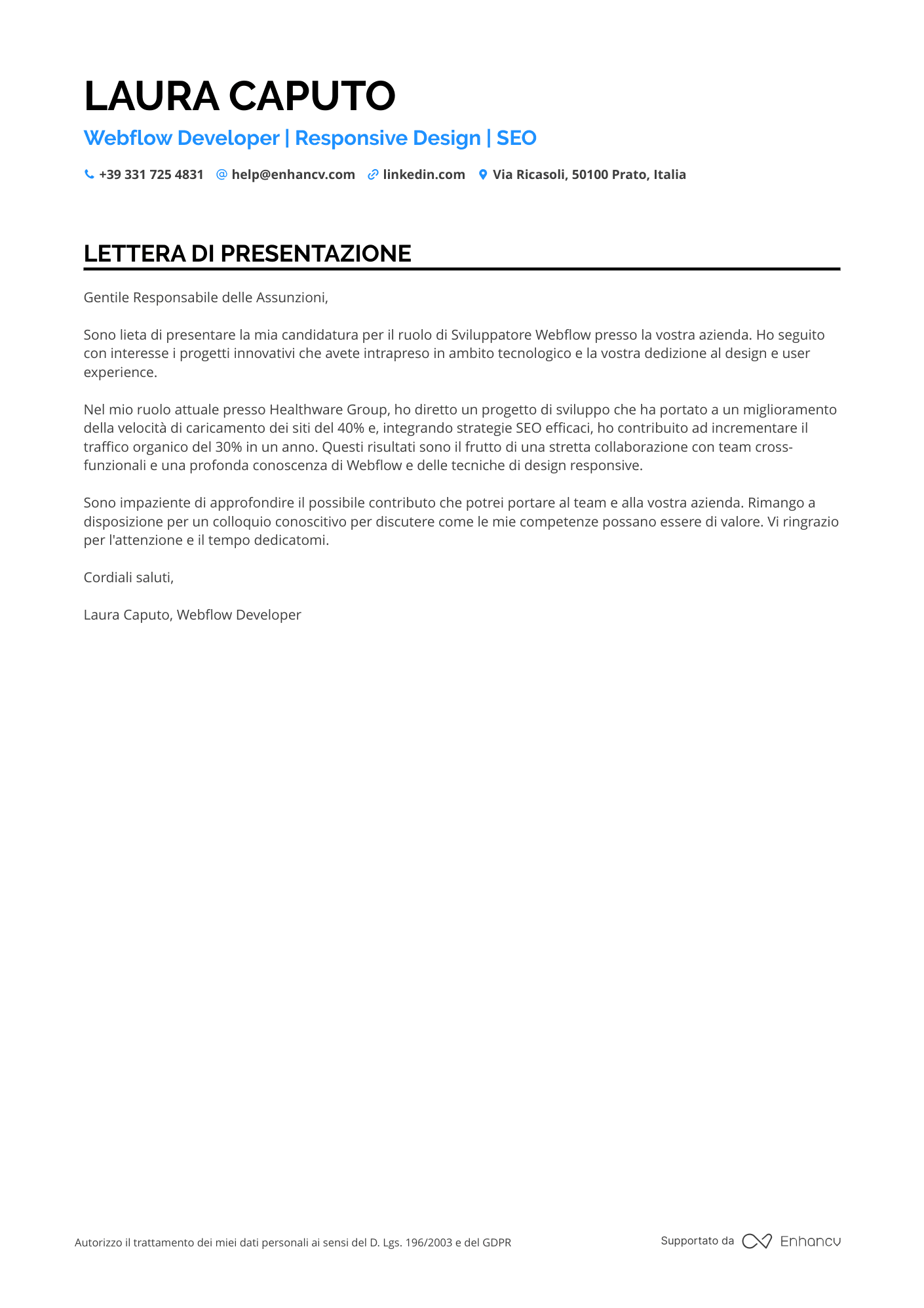 Sviluppatore Web Freelance Resume Example