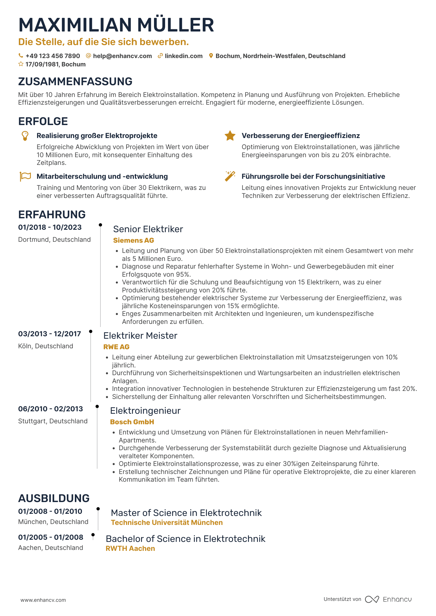 Lebenslauf als Senior Elektriker Resume Example
