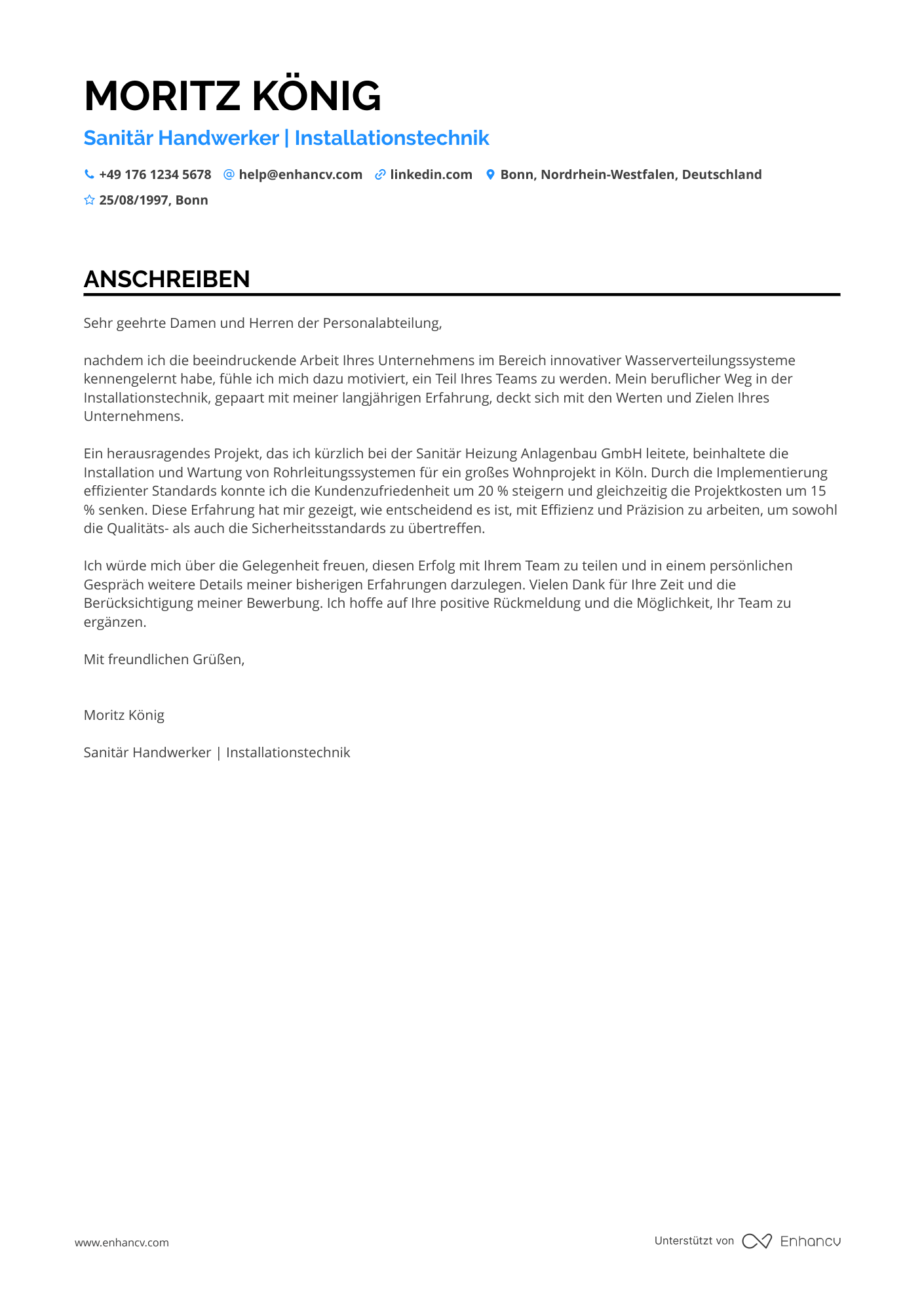 Sanitär Handwerker Resume Example