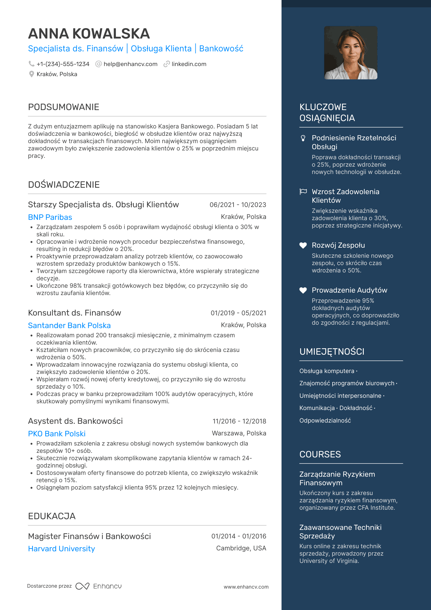 CV dla Kasjer Bankowy Resume Example