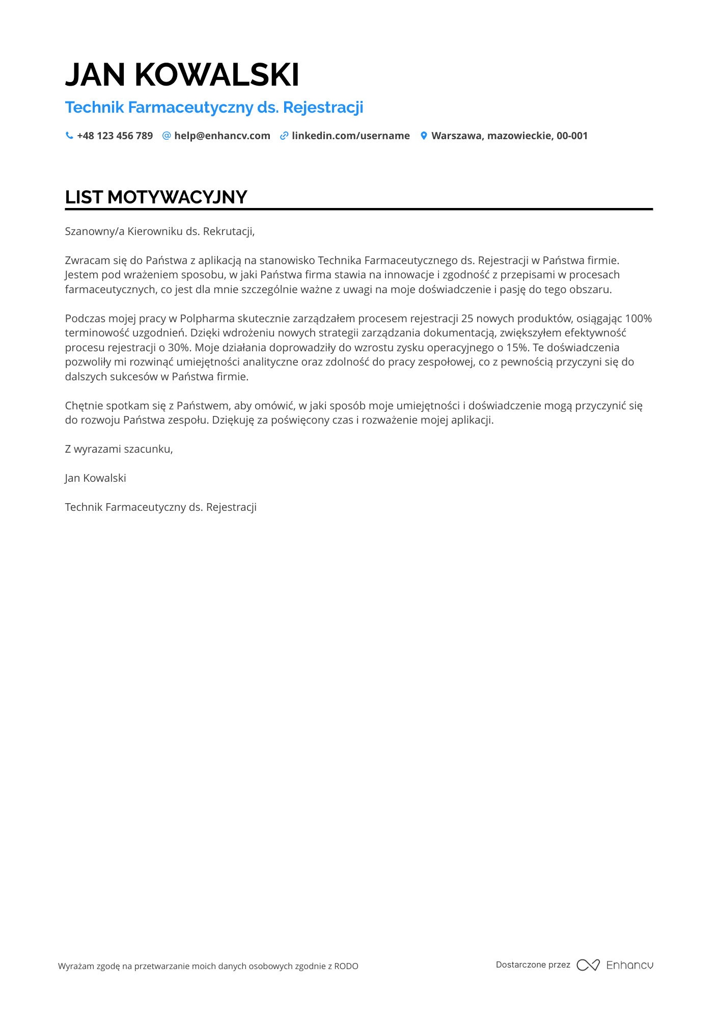 List motywacyjny dla Technik Farmaceutyczny ds. Rejestracji Resume Example