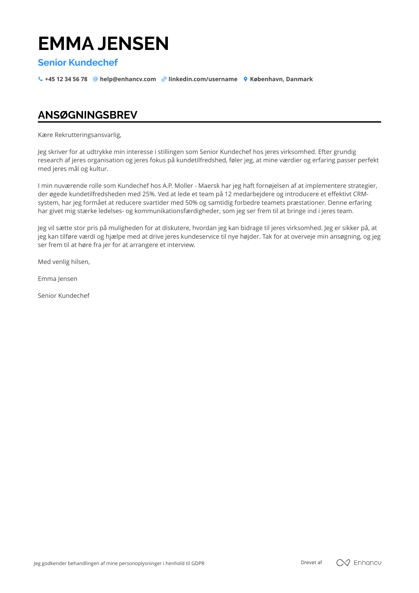 Ansøgningsbrev til Senior kundechef Resume Example