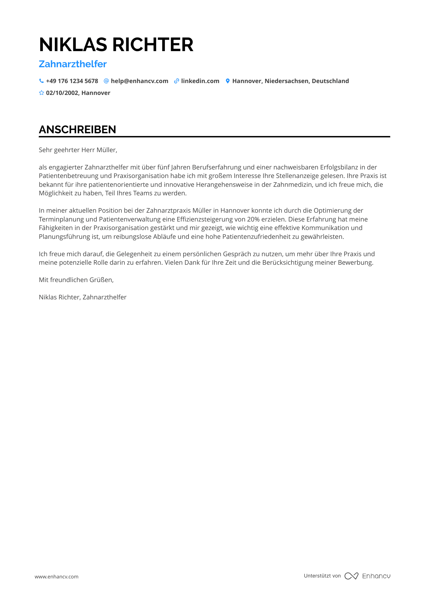 Zahnarzthelferin in der privaten Praxis Resume Example