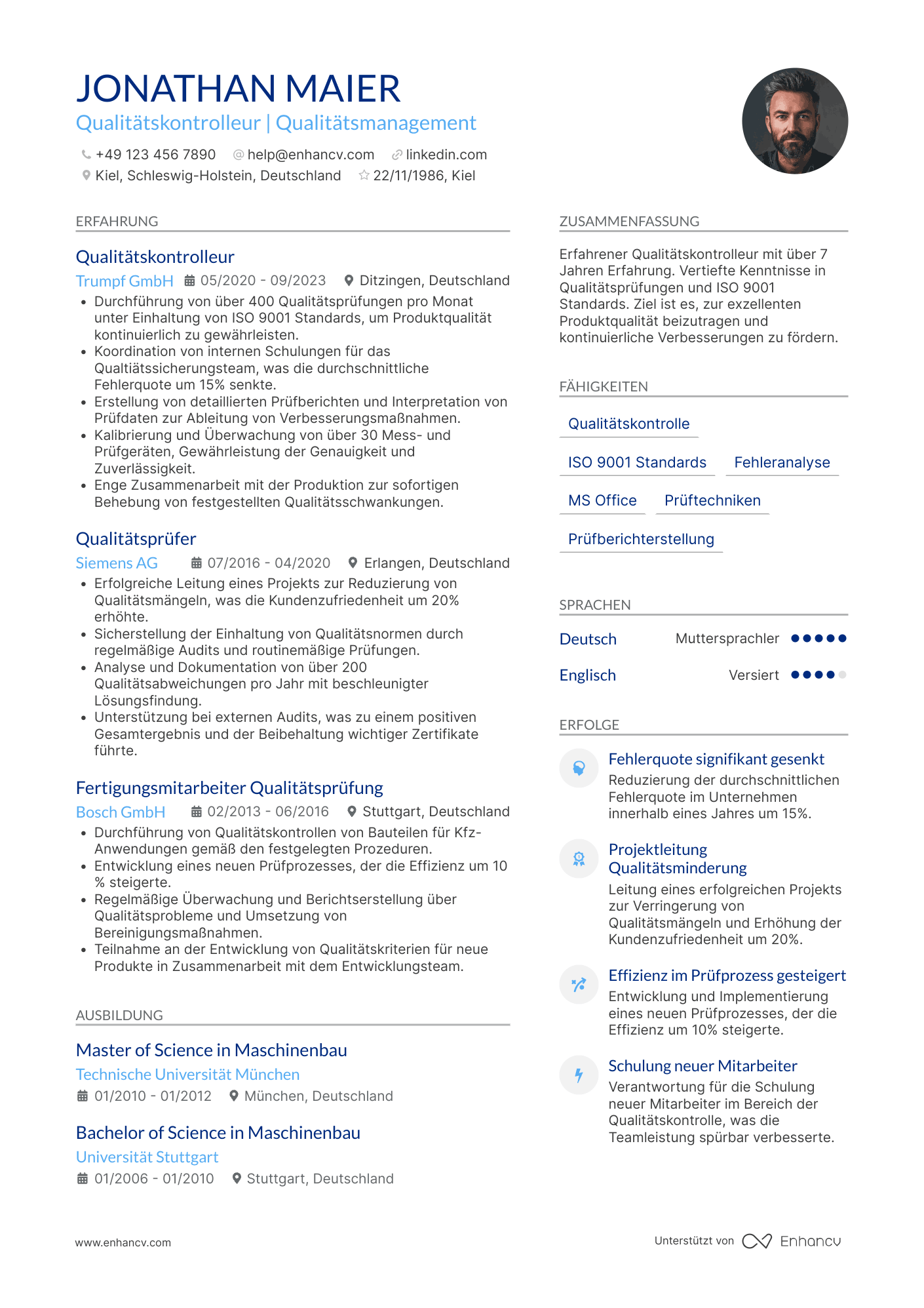 Lebenslauf als Qualitätskontrolleur mit Berufserfahrung Resume Example