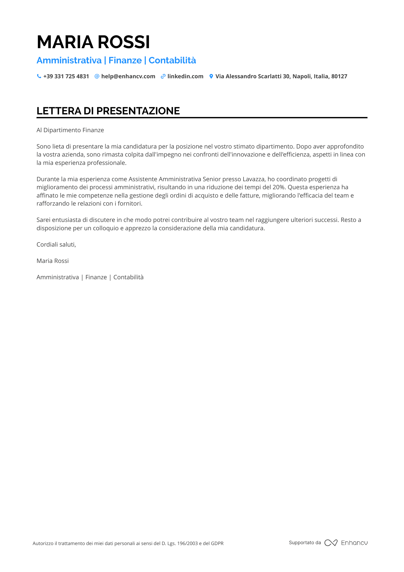 Impiegato Amministrativo nel Settore Sanitario Resume Example