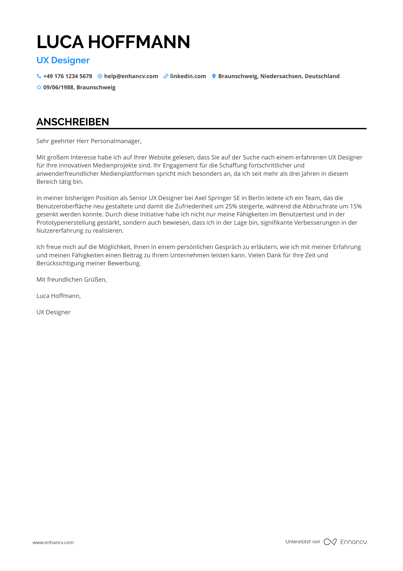 UX Designer für Medien und Unterhaltung Resume Example