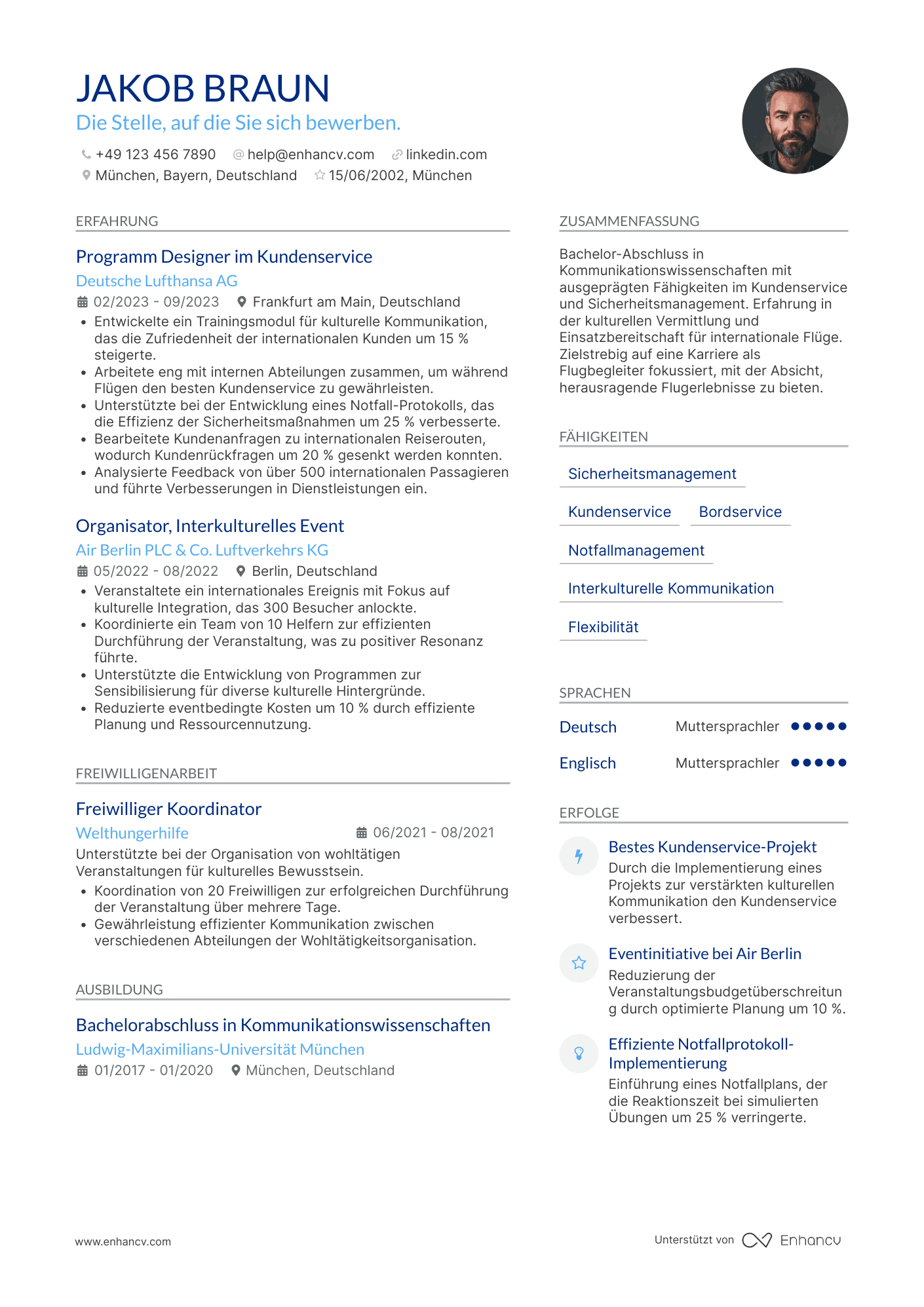 Lebenslauf als Flugbegleiter für internationale Flüge Resume Example