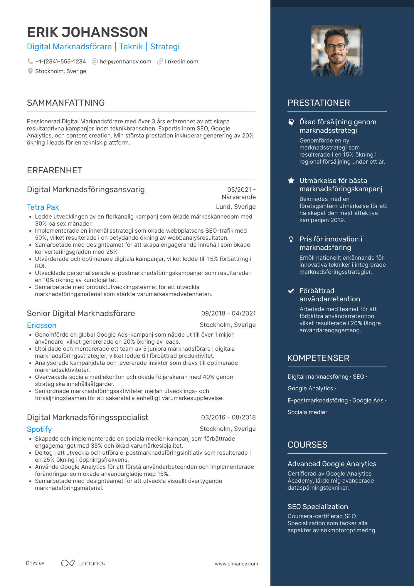 CV för Digital Marknadsförare inom teknik Resume Example