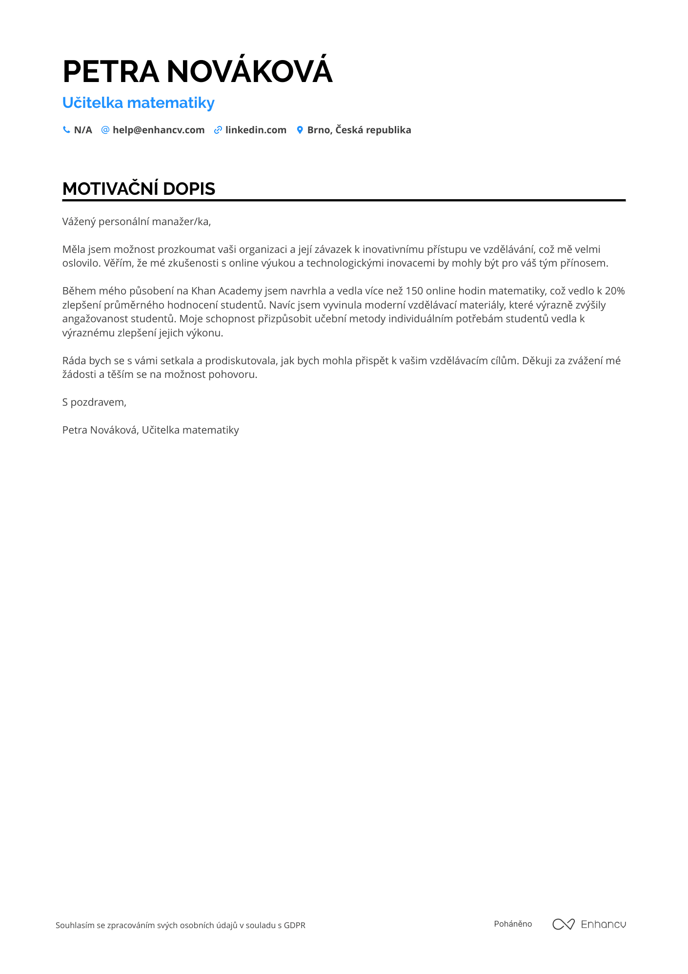 Motivační dopis pro Učitel matematiky v online škole Resume Example