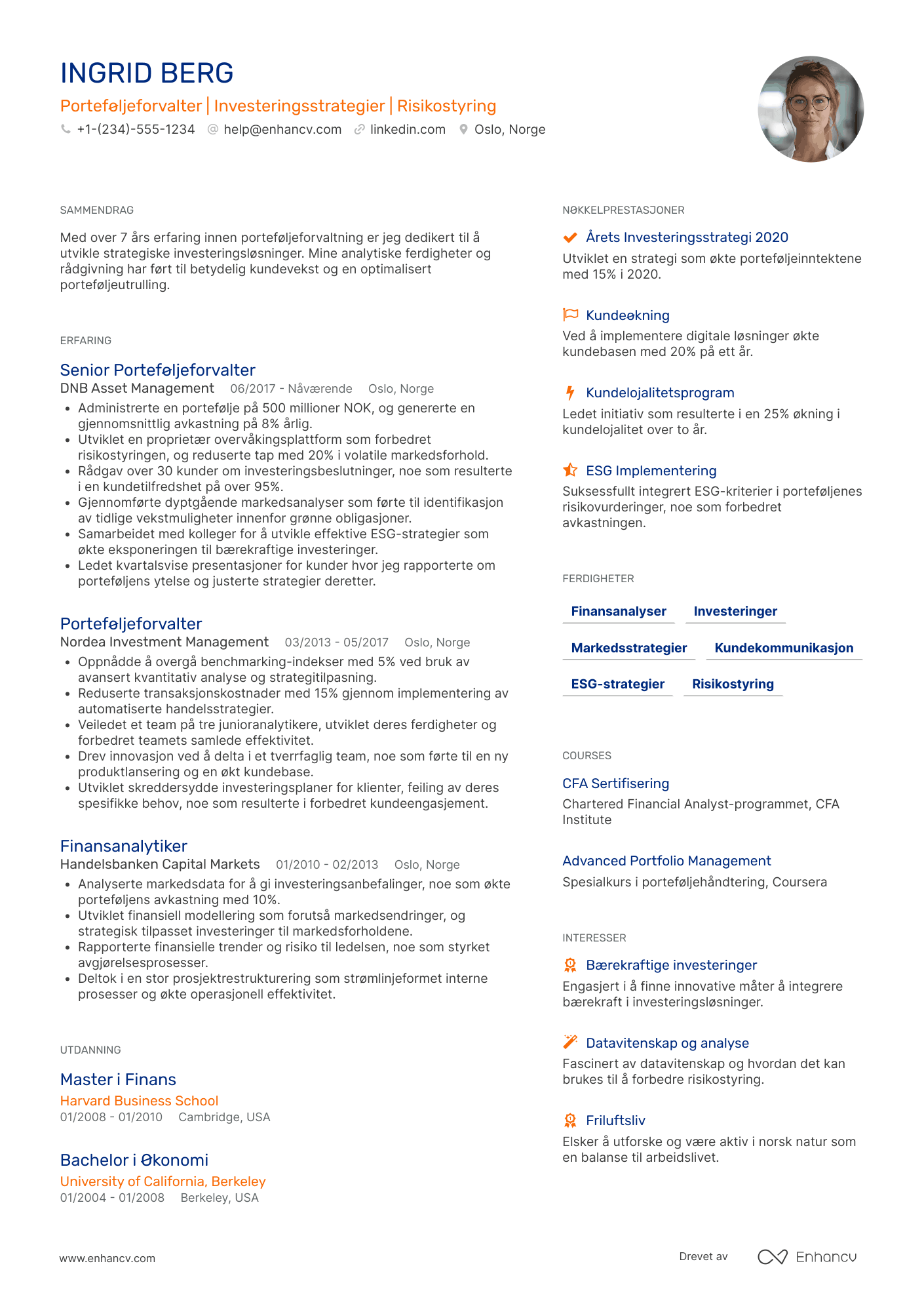 CV for Erfaren Porteføljeforvalter Resume Example