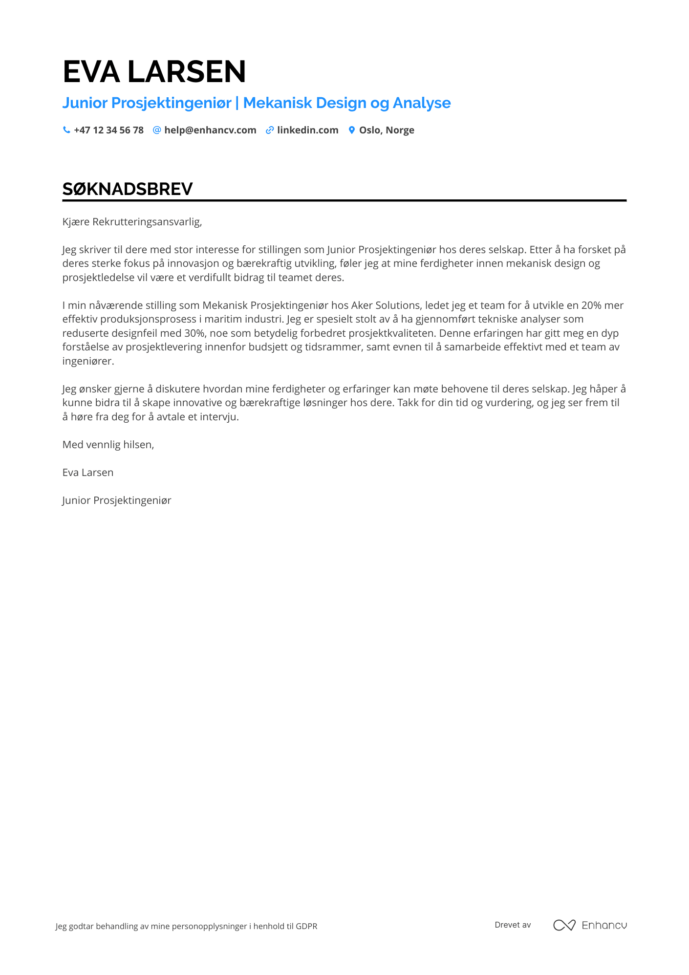 Søknadsbrev for Junior Mekanisk Prosjektingeniør Resume Example