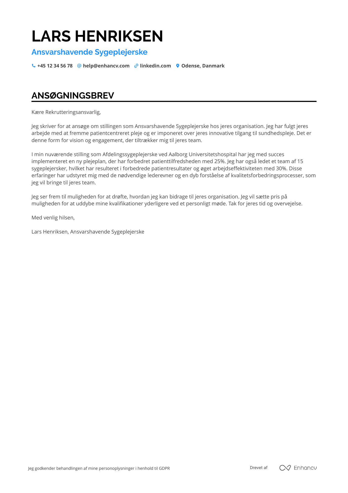 Ansøgningsbrev til Ansvarshavende sygeplejerske Resume Example