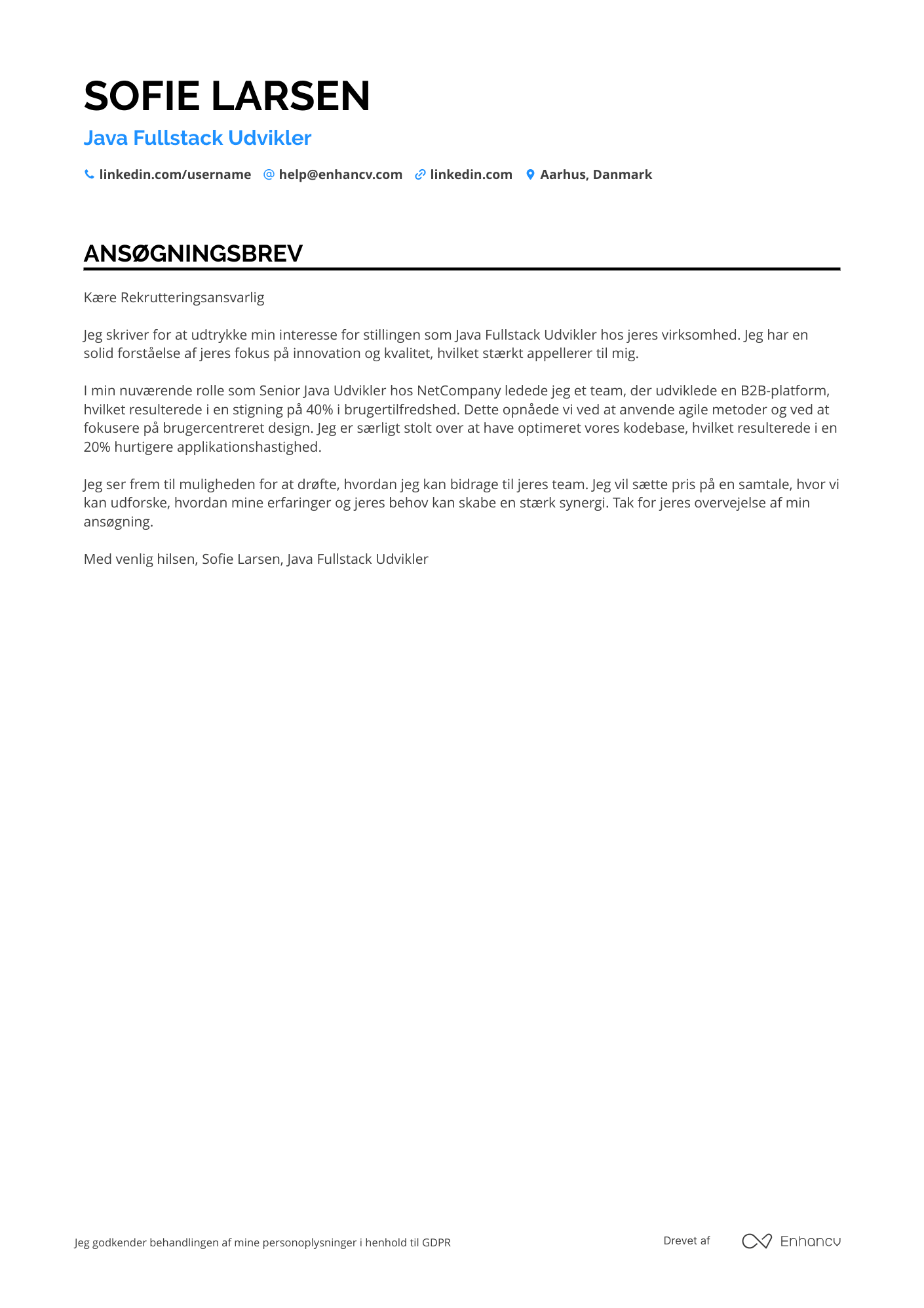 Ansøgningsbrev til Java Fullstack Udvikler Resume Example