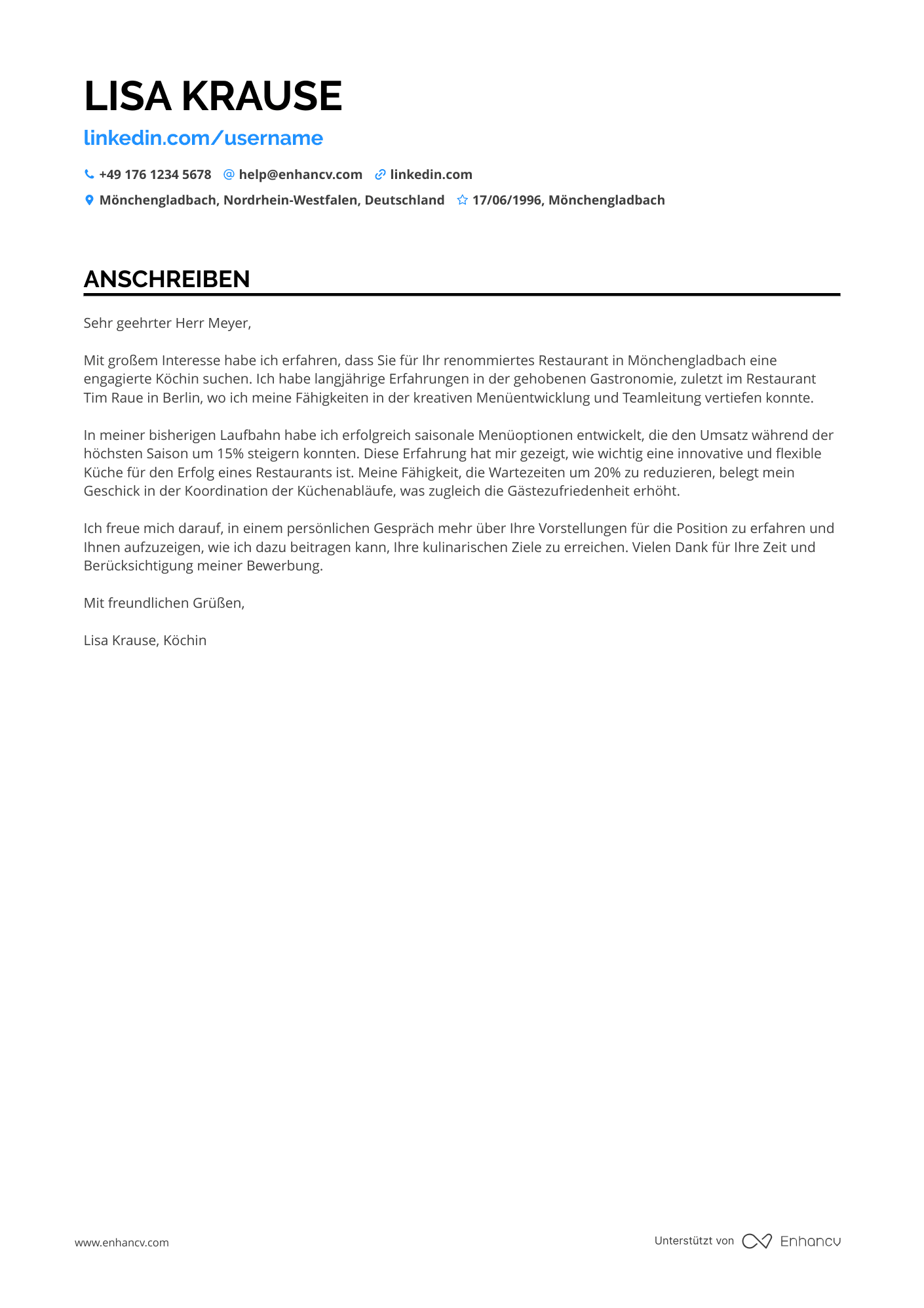 Mittlere Erfahrungsstufe Koch Resume Example