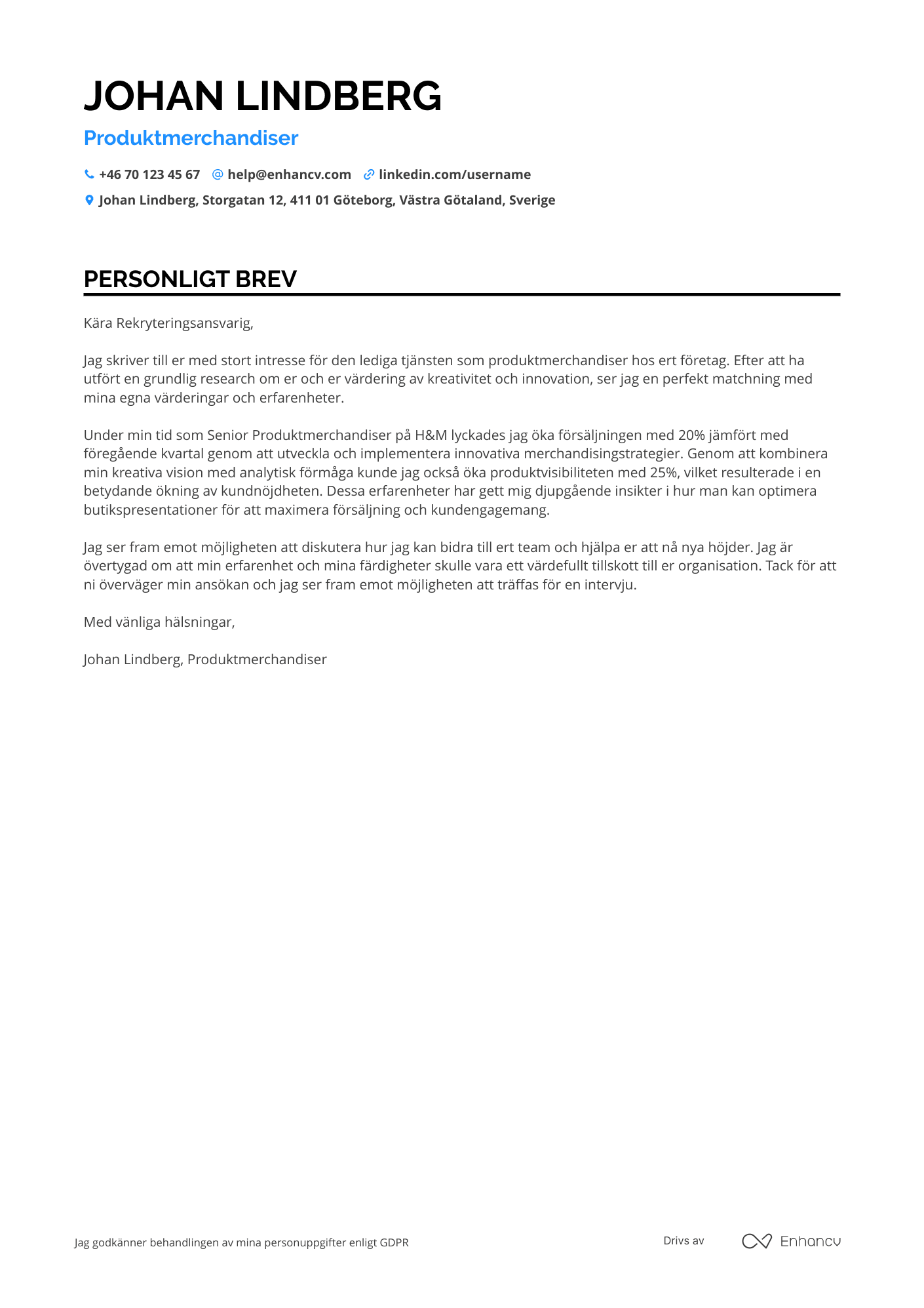 Personligt brev för Product Merchandiser Resume Example
