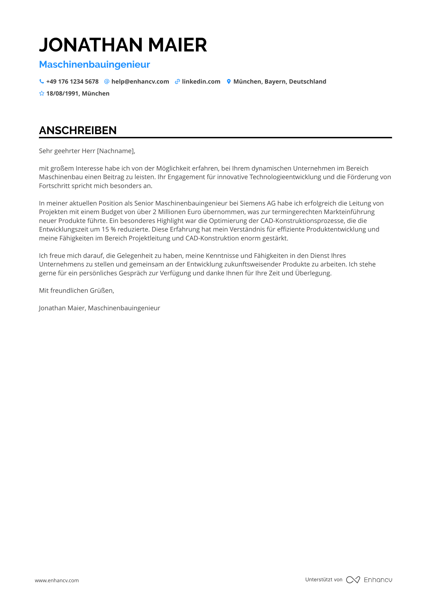 Maschinenbauingenieur für Produktentwicklung Resume Example