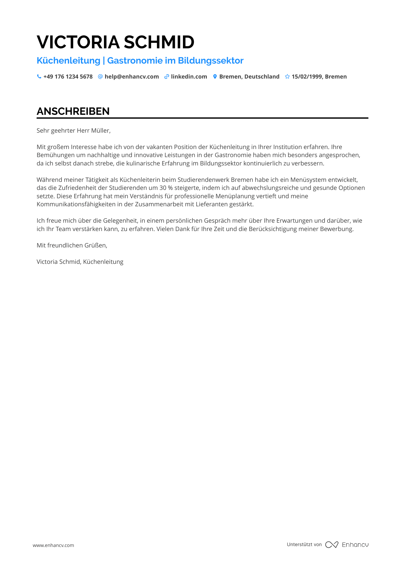 Gastronomie in der Bildungsbranche Resume Example