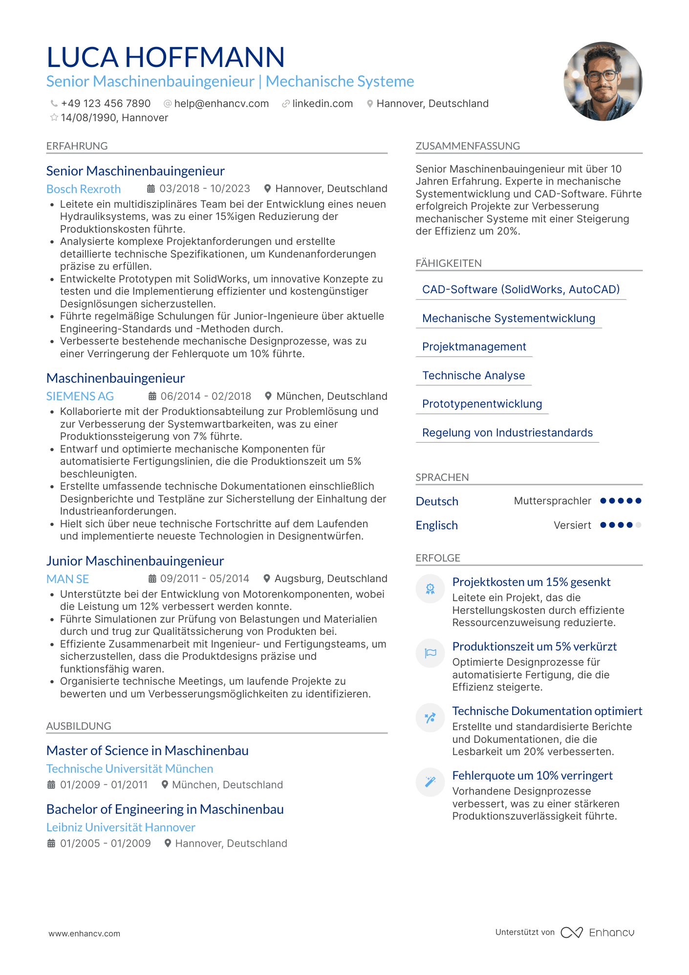 Lebenslauf als Senior Maschinenbauingenieur Resume Example