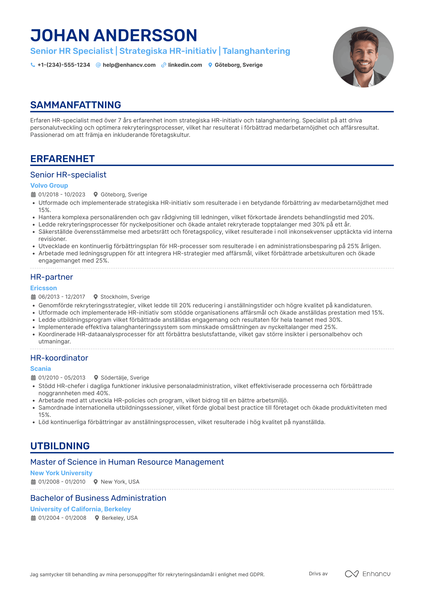 CV för HR Medarbetare Senior Resume Example