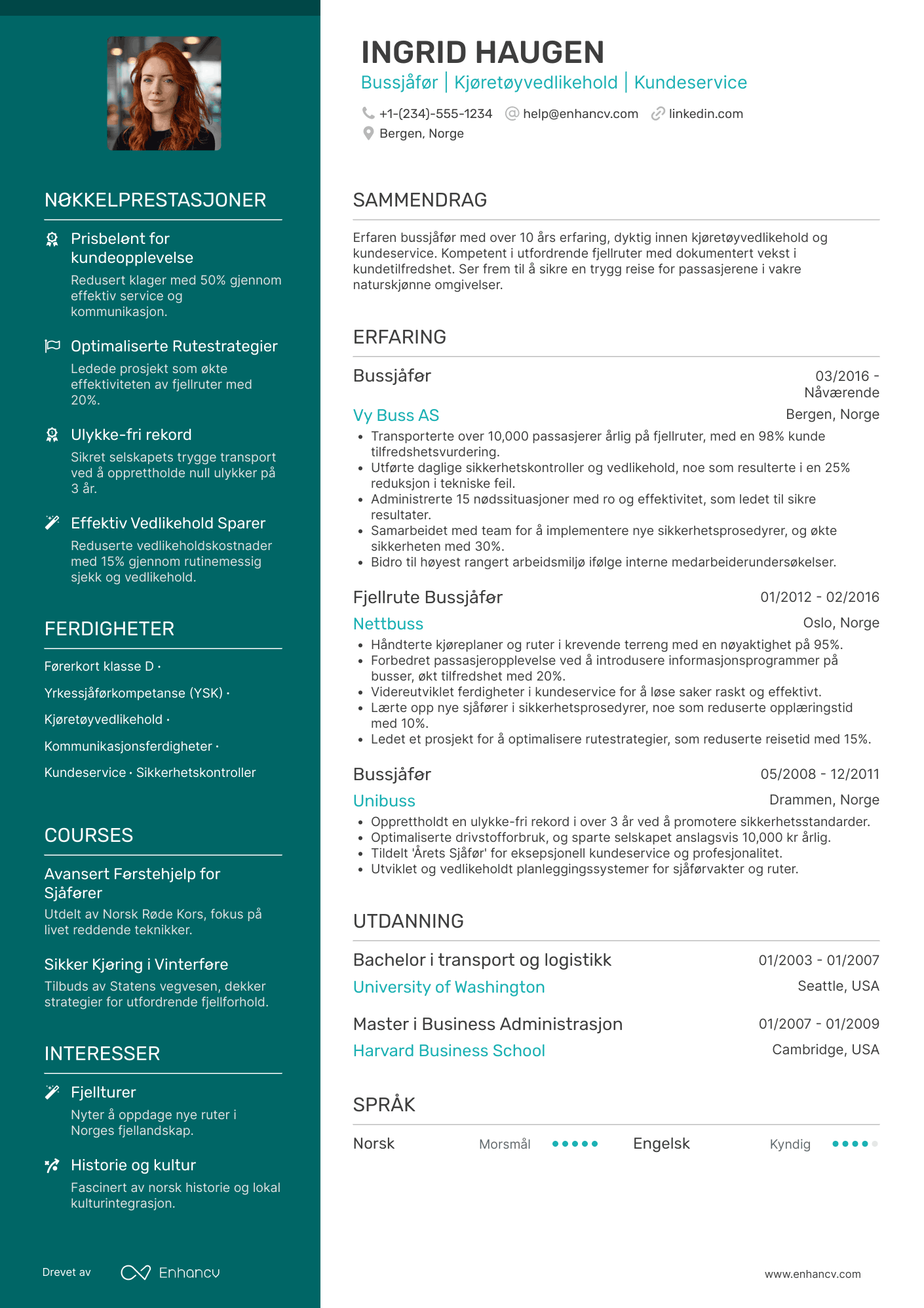 CV for Bussjåfør for fjellruter Resume Example