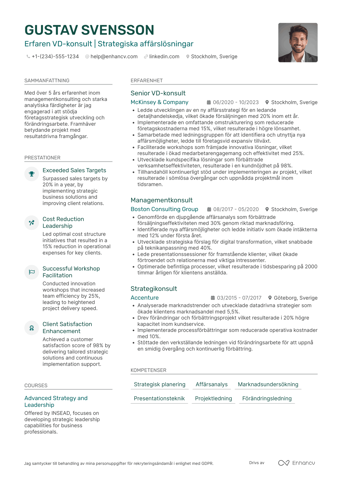 CV för VD Consultant Resume Example