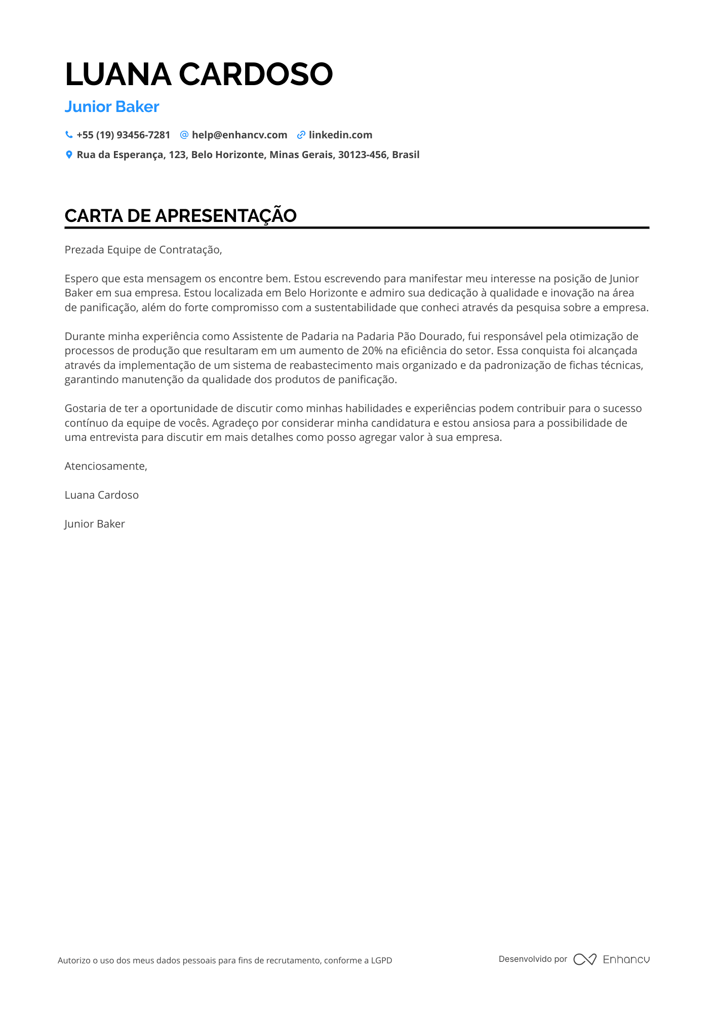 Padeiro Júnior Resume Example