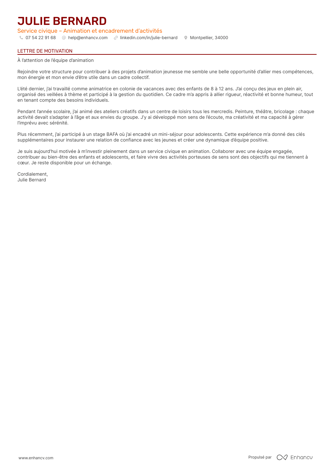 Modèle de lettre de motivation pour un service civique dans l’animation Resume Example