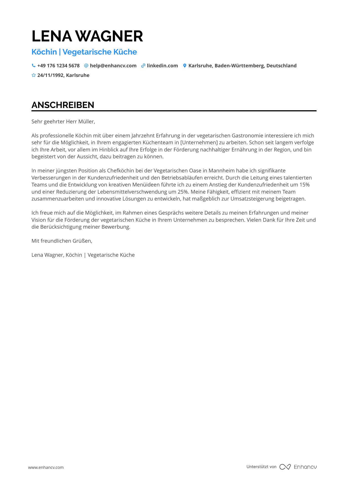 Koch in einem vegetarischen Restaurant Resume Example