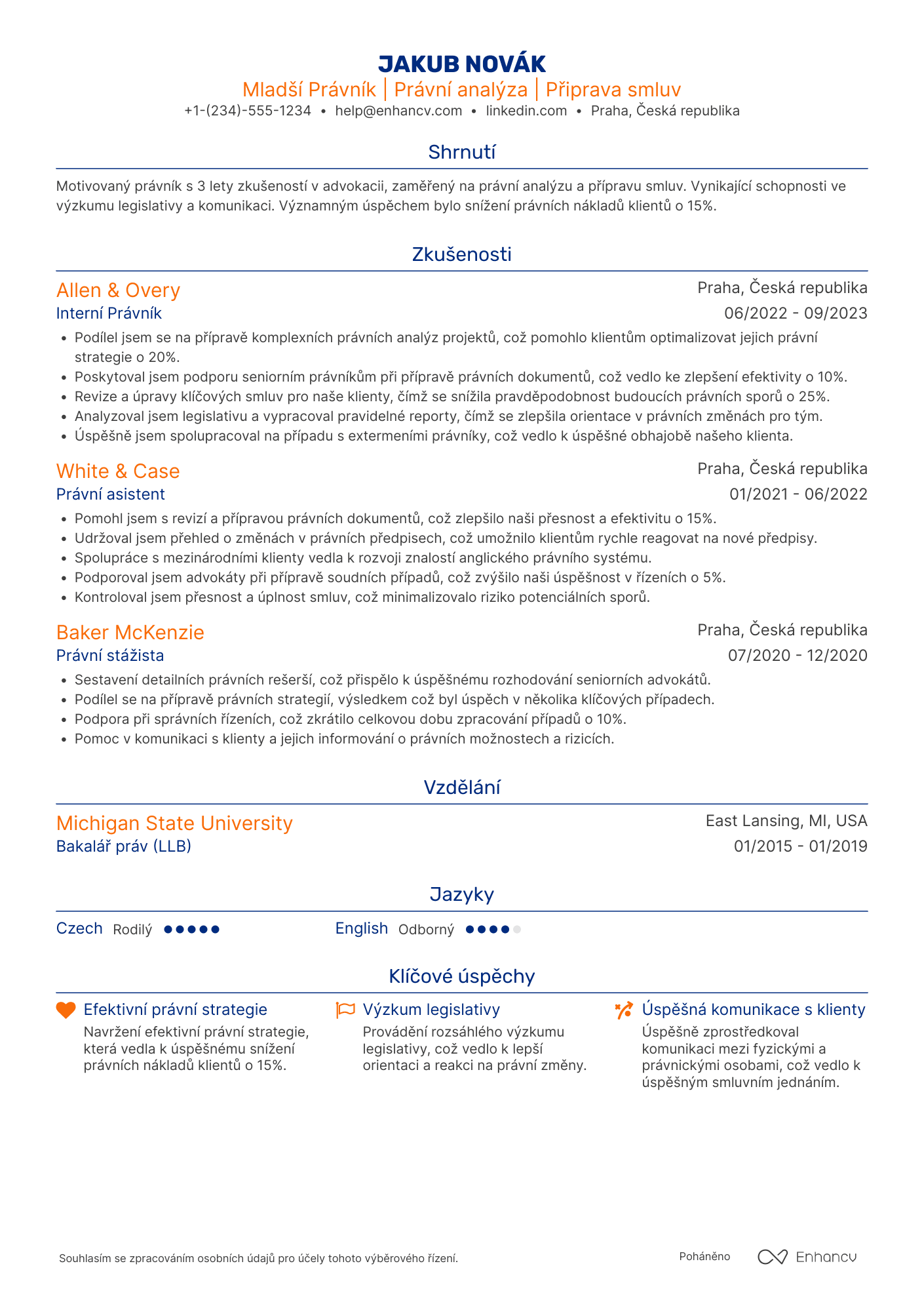 Životopis pro Mladší Právník Resume Example