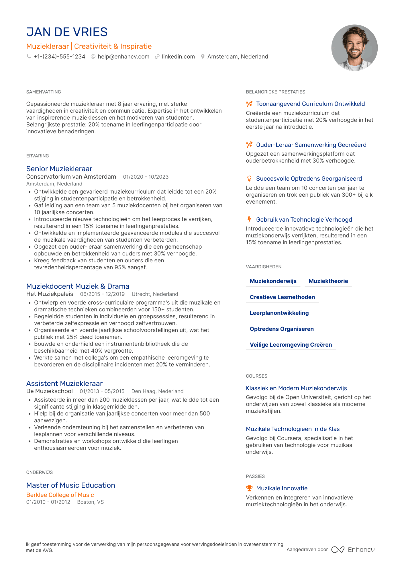 CV voor Leerkracht Muziek Resume Example