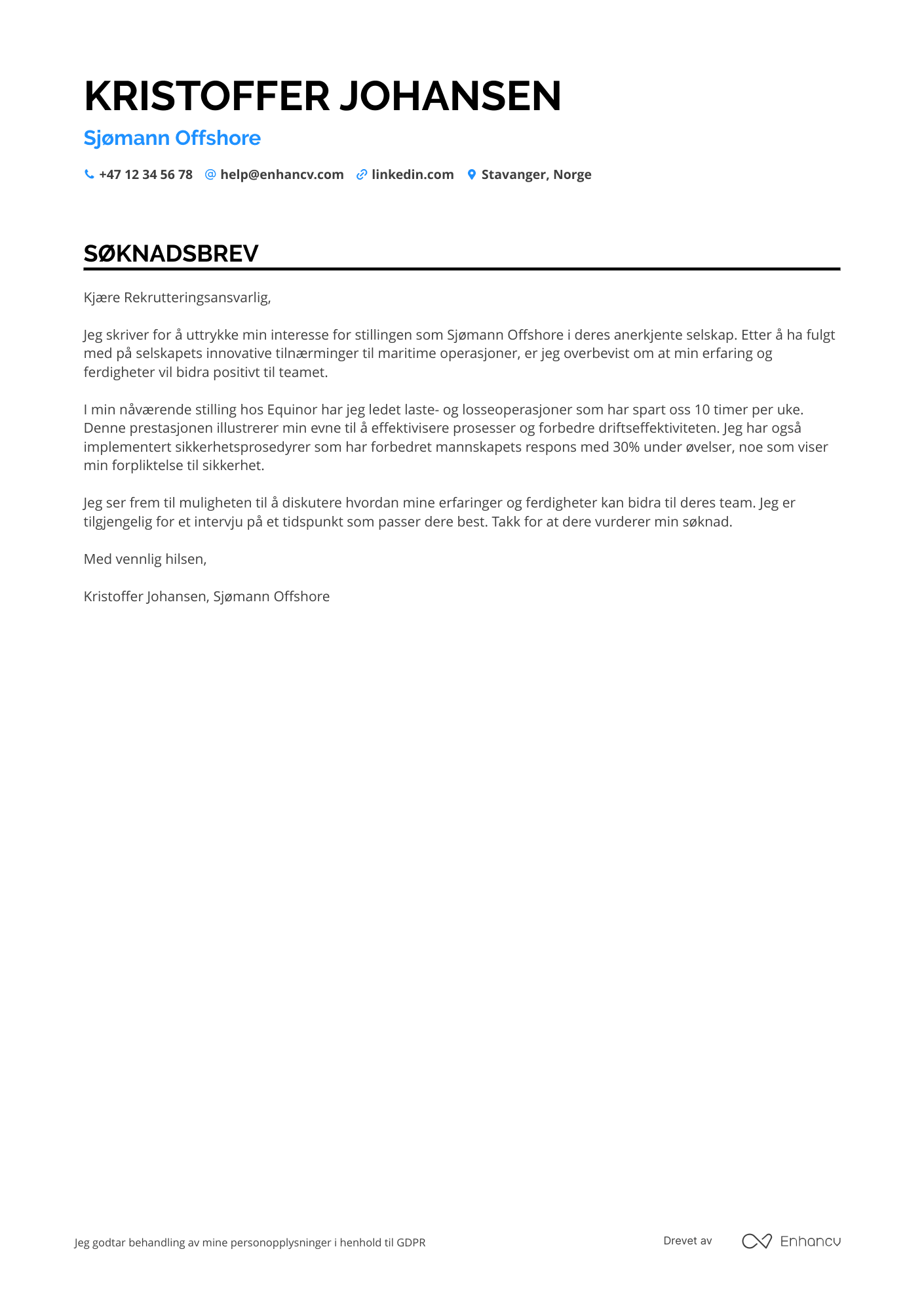 Søknadsbrev for Sjømann Offshore Resume Example