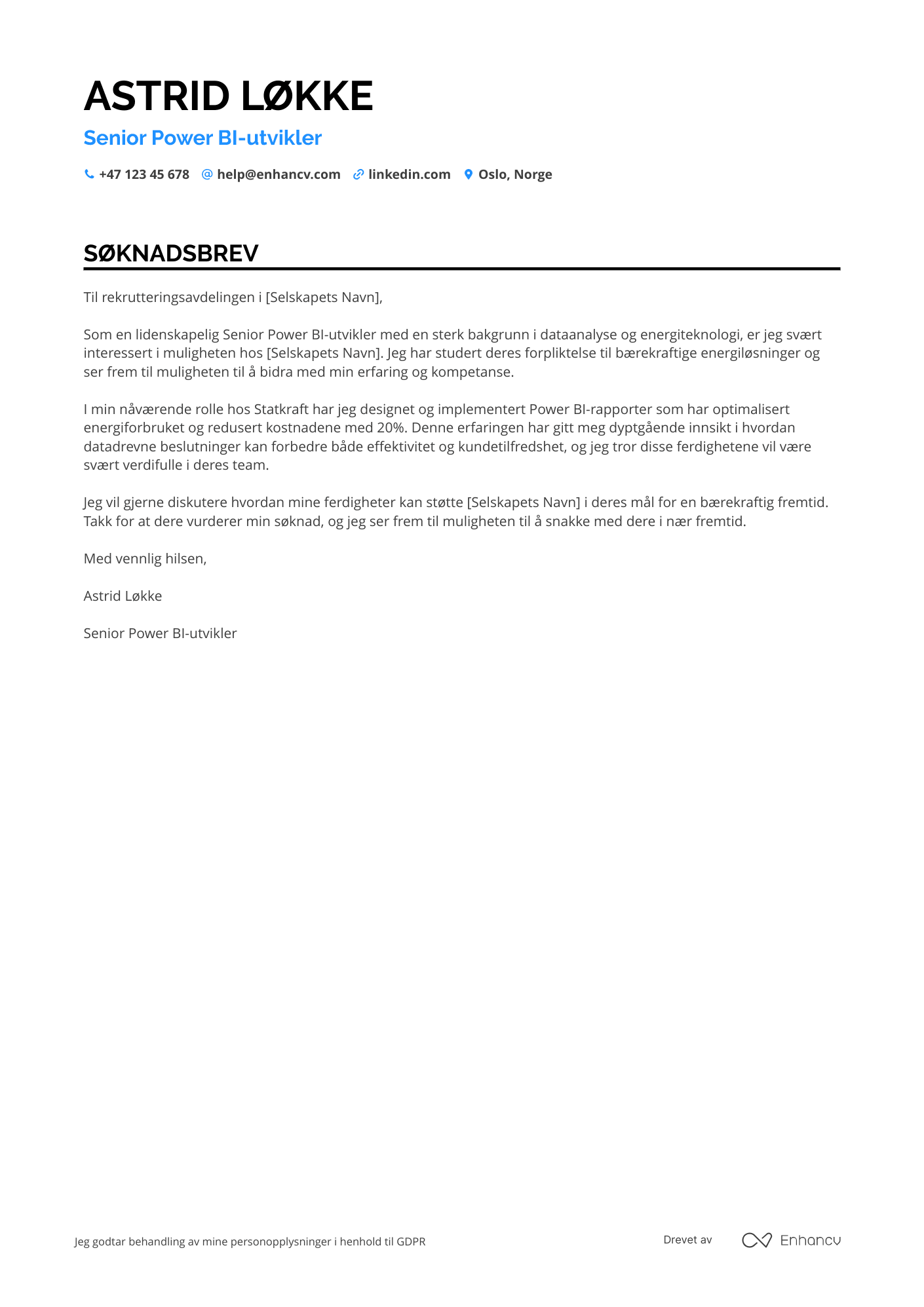 Søknadsbrev for Power BI‑utvikler for energiindustrien Resume Example