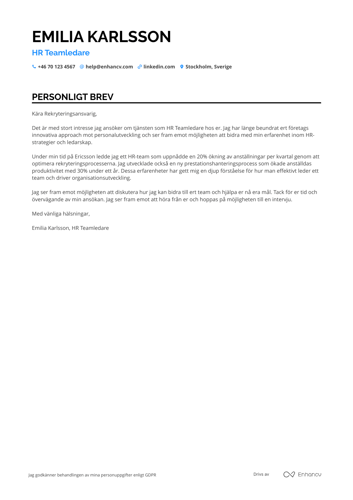 Personligt brev för Teamledare HR Resume Example