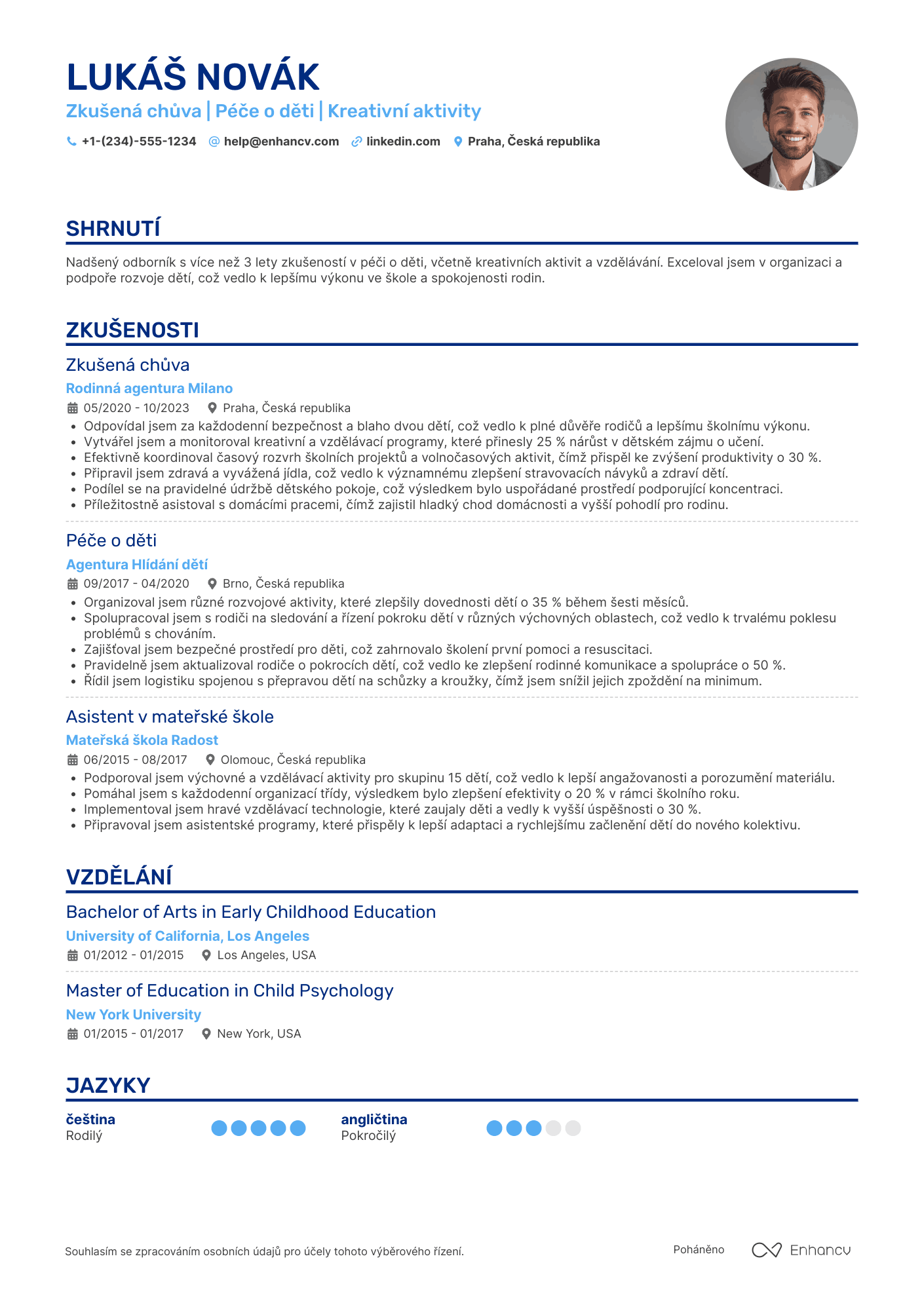Životopis pro Zkušená chůva Resume Example