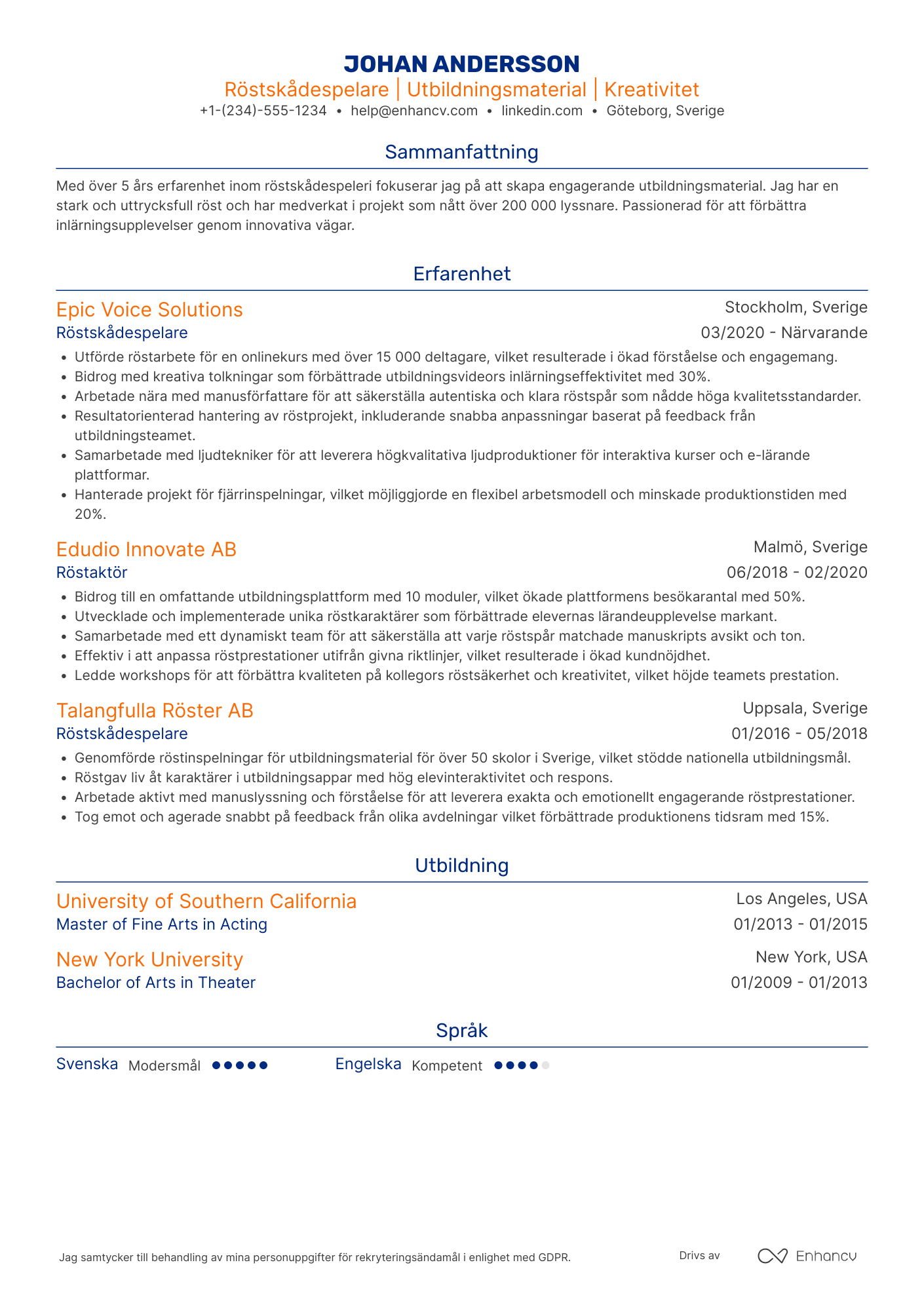 CV för Röstskådespelare för utbildning Resume Example