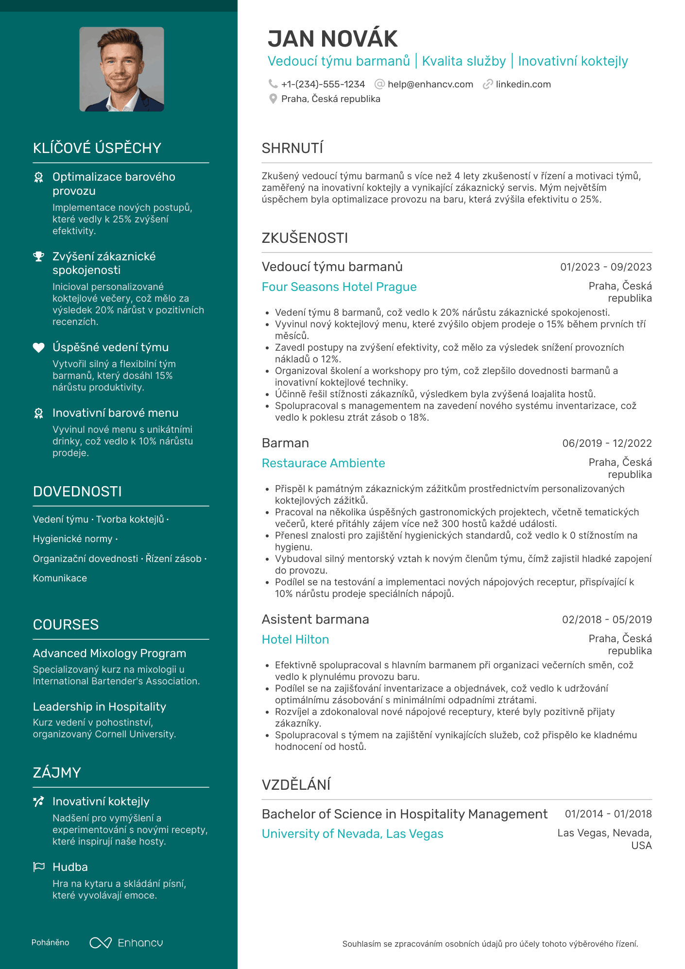 Životopis pro Vedoucí týmu barmanů Resume Example