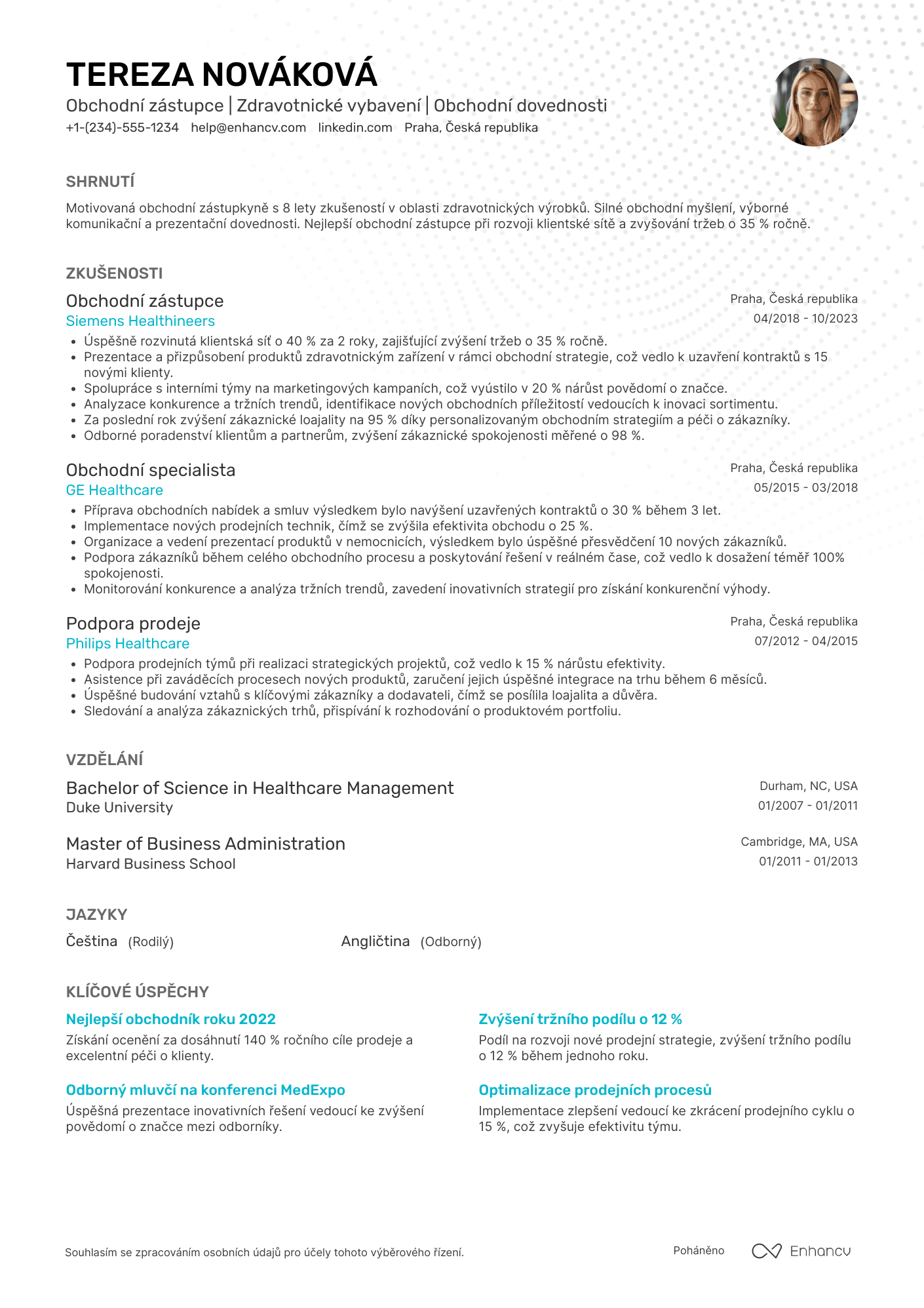 Životopis pro Obchodní zástupce pro zdravotnictví Resume Example