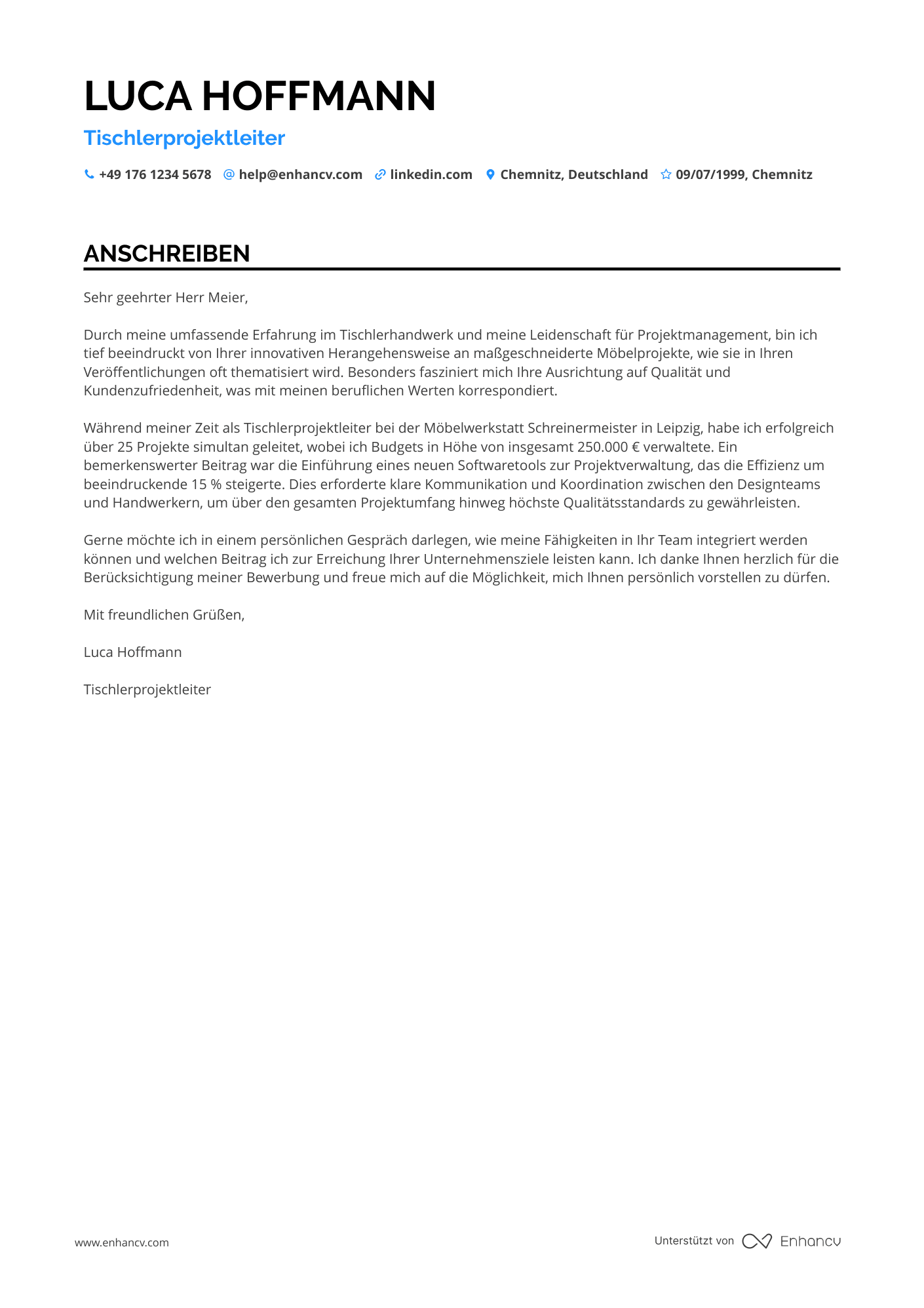 Tischlerprojektleiter Resume Example