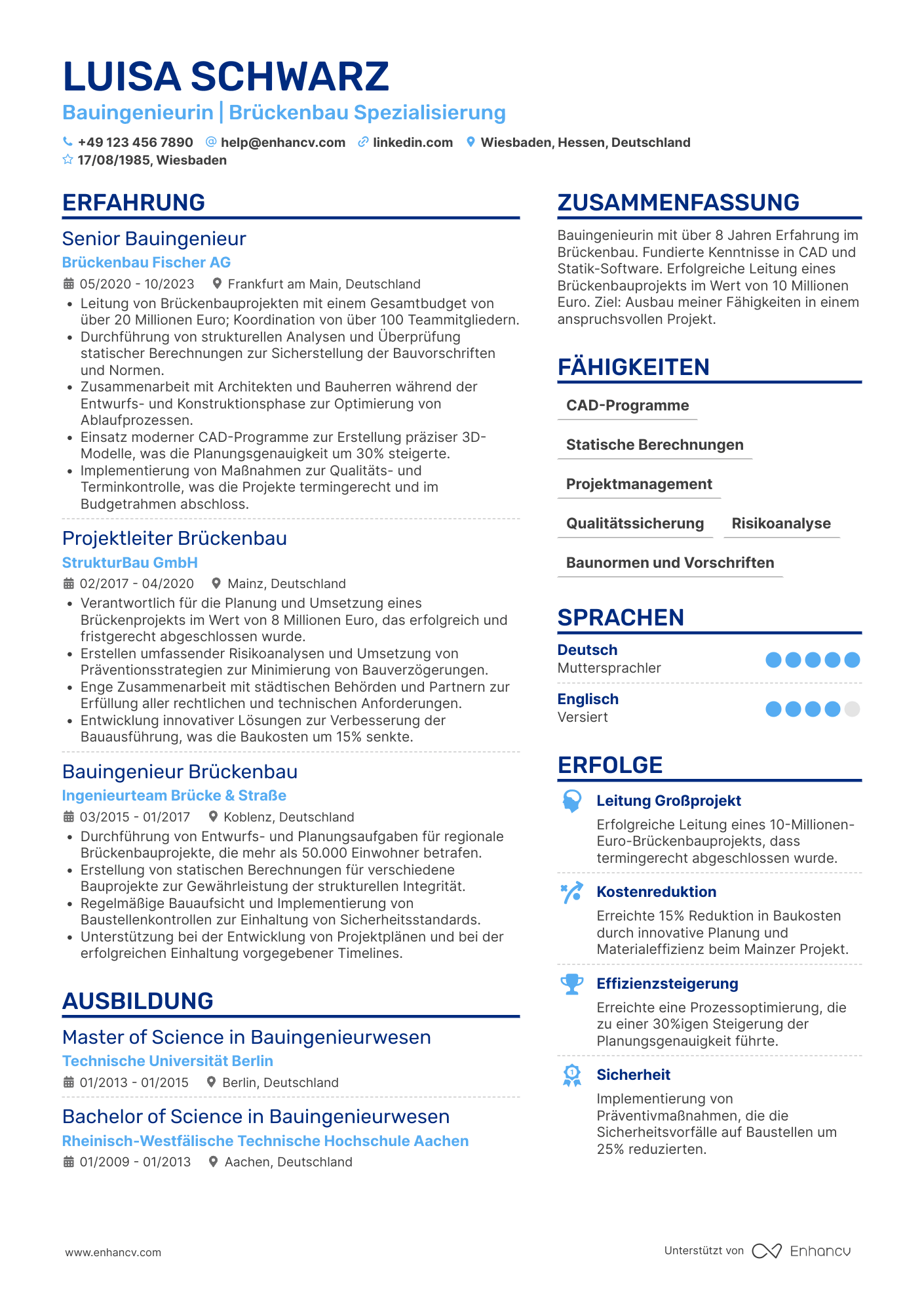 Lebenslauf als Bauingenieur für Brückenbau Resume Example