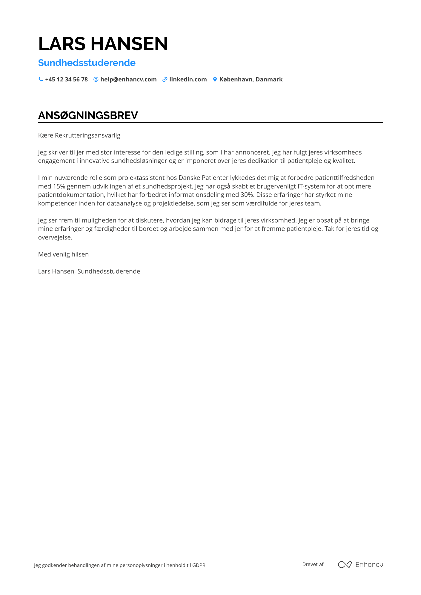 Ansøgningsbrev til Studerende inden for Sundhed Resume Example