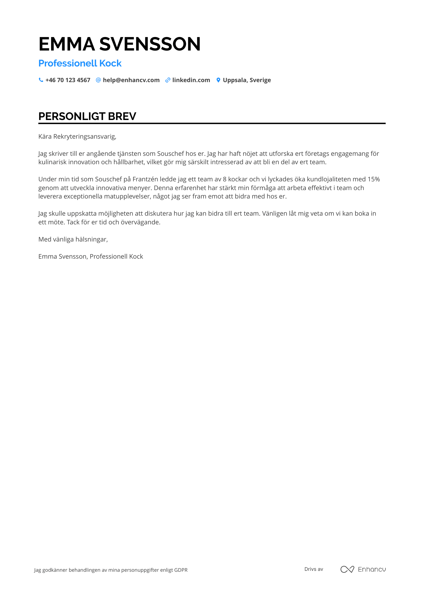 Personligt brev för Kocklärling Resume Example